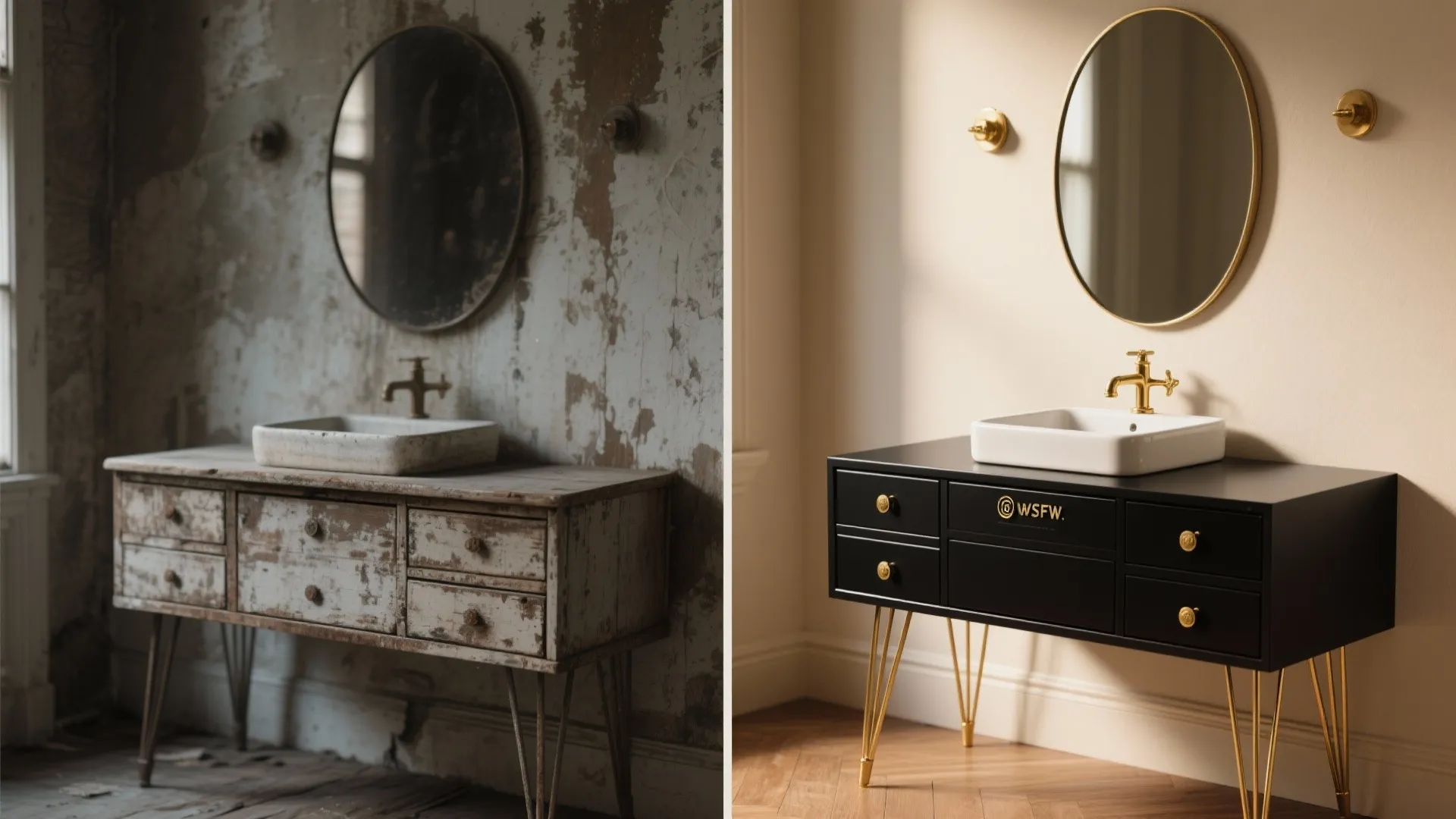 4. Vintage-inspired black dresser vanity with gold legs