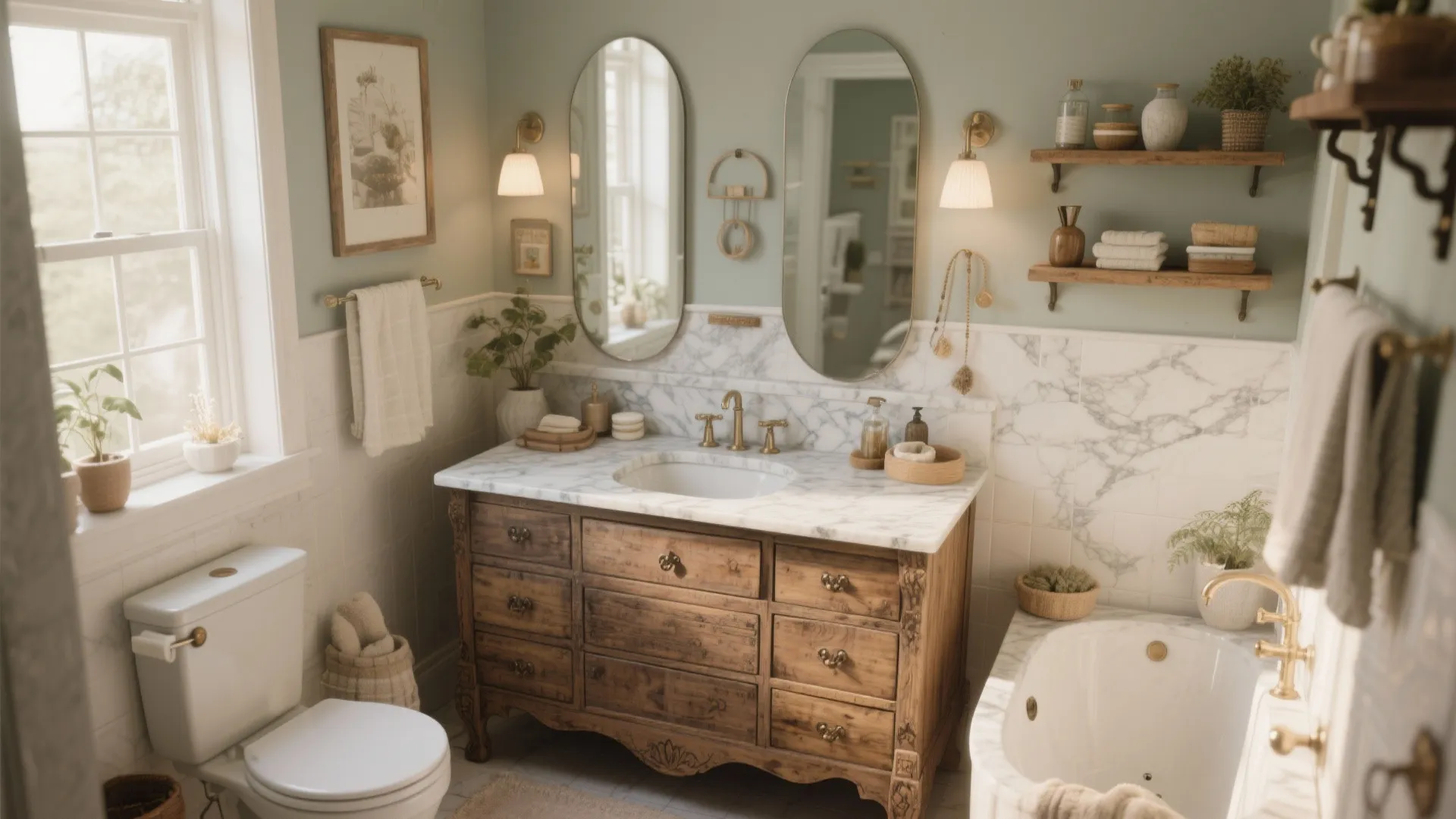 Vintage bathroom with wooden cabinet, marble countertop, oval mirrors, wall lights, bathtub, and green walls