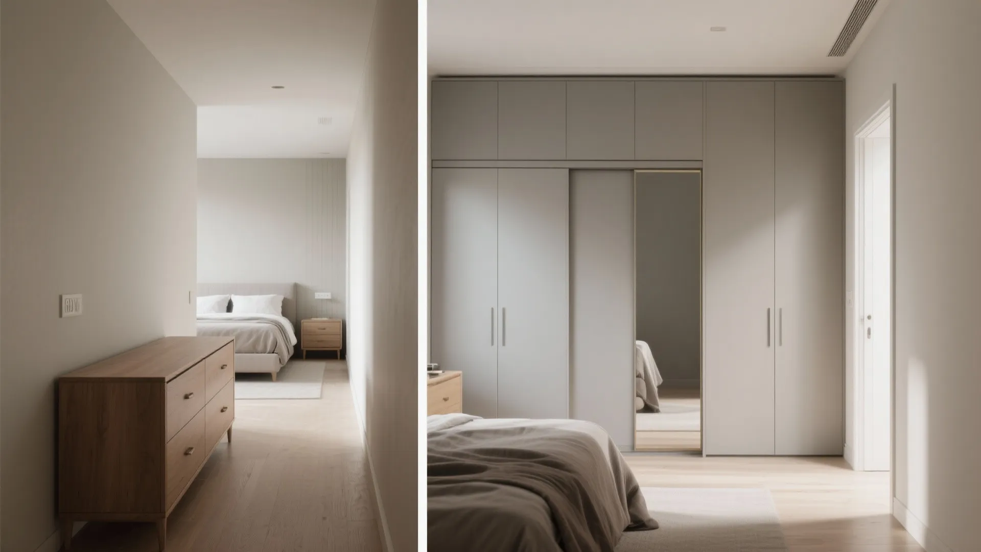 Sliding wardrobe + mirrored panels instead of a wide dresser