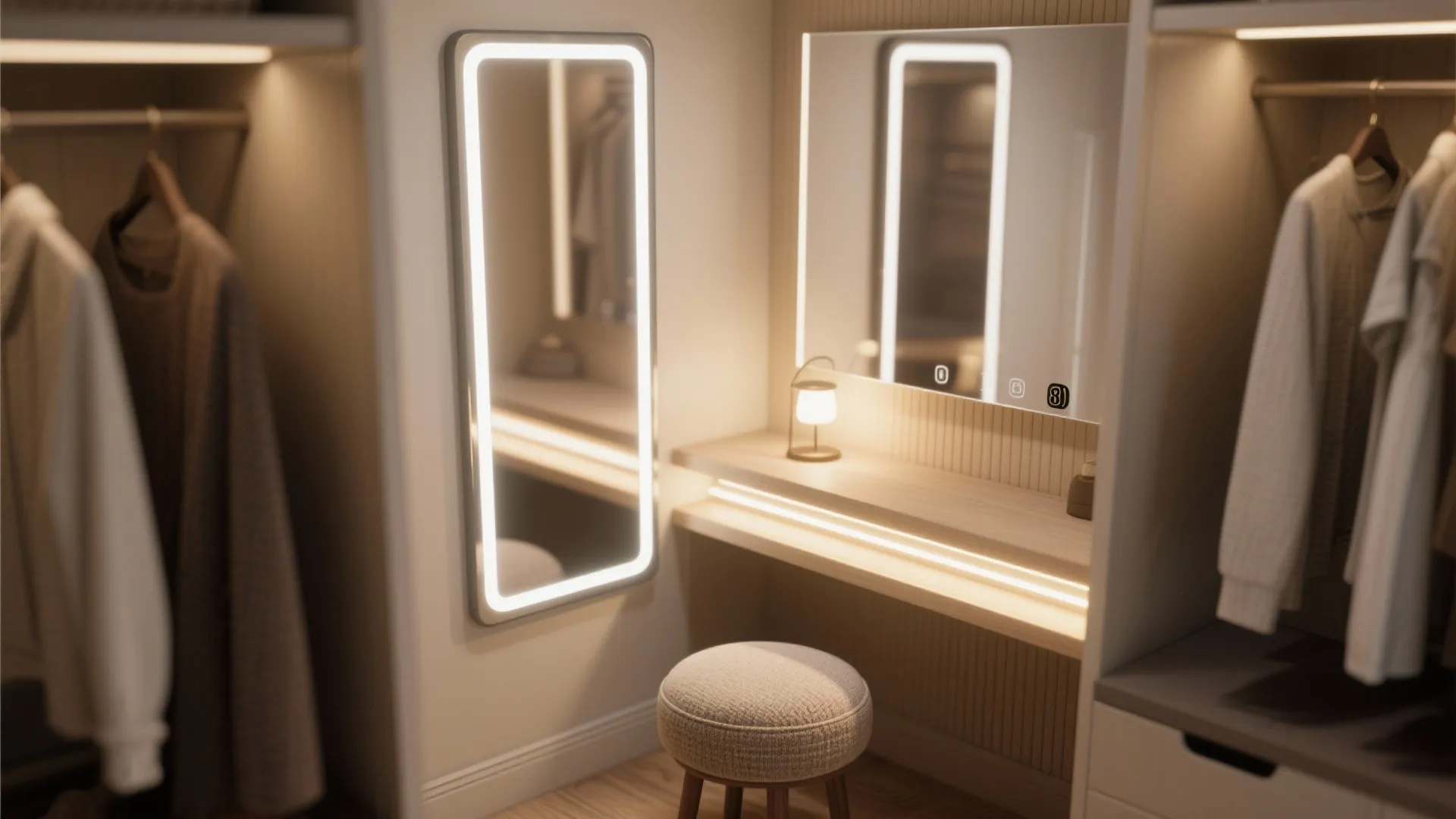 Dressing corner with full-length mirror, LED strip lighting and a small stool, creating a premium feel in a compact closet.