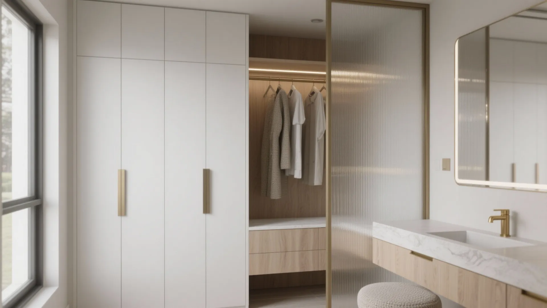 Modern walk-in closet with white cabinets, gold handles, fluted glass divider, and integrated vanity area