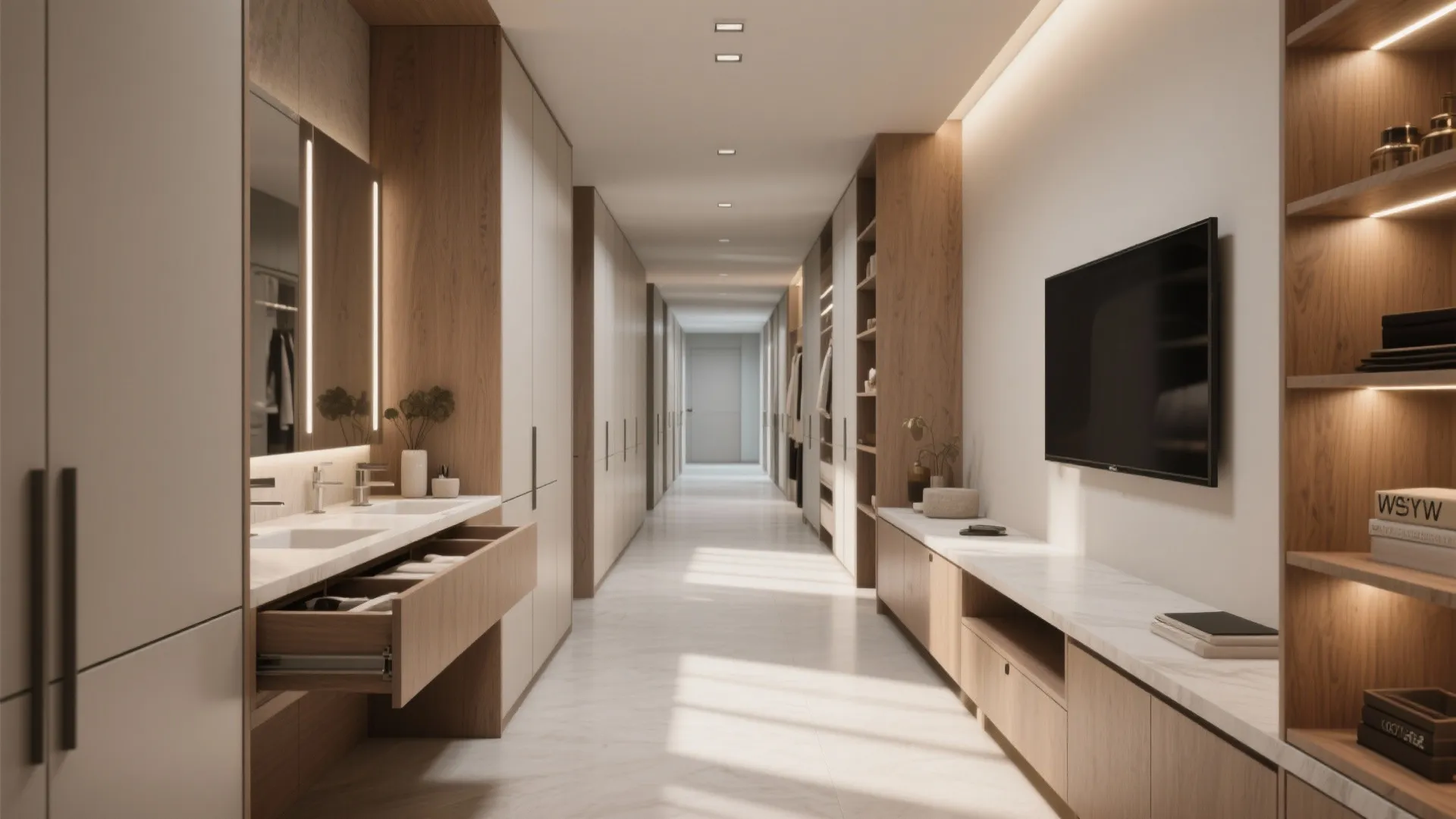 4) Long dressing corridor and built-in media wall