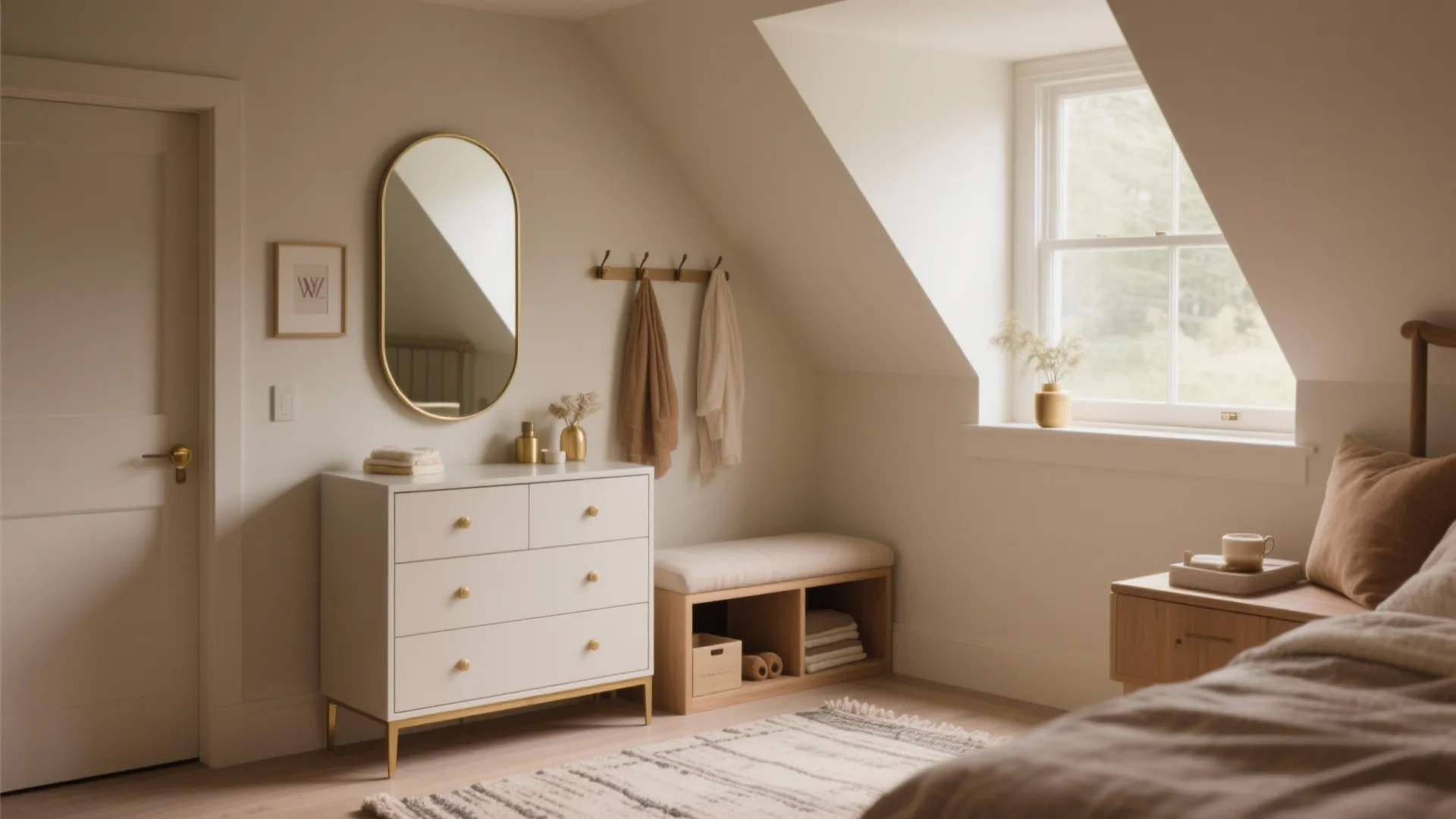 Bedroom dressing corner with white cabinet gold mirror small bench and window in an attic
