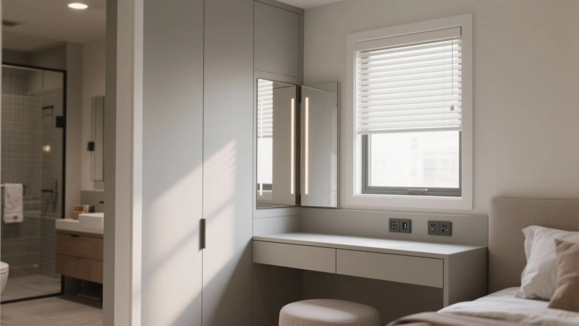 Grey built in dressing table with a mirror next to a window and a footrest