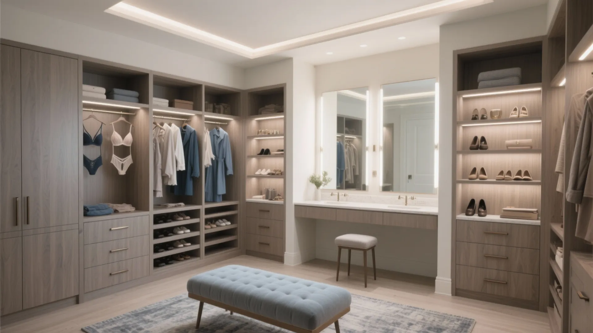 Modern wooden dressing room with blue footrest, long table, mirrors, shelf lights, and hanging clothes