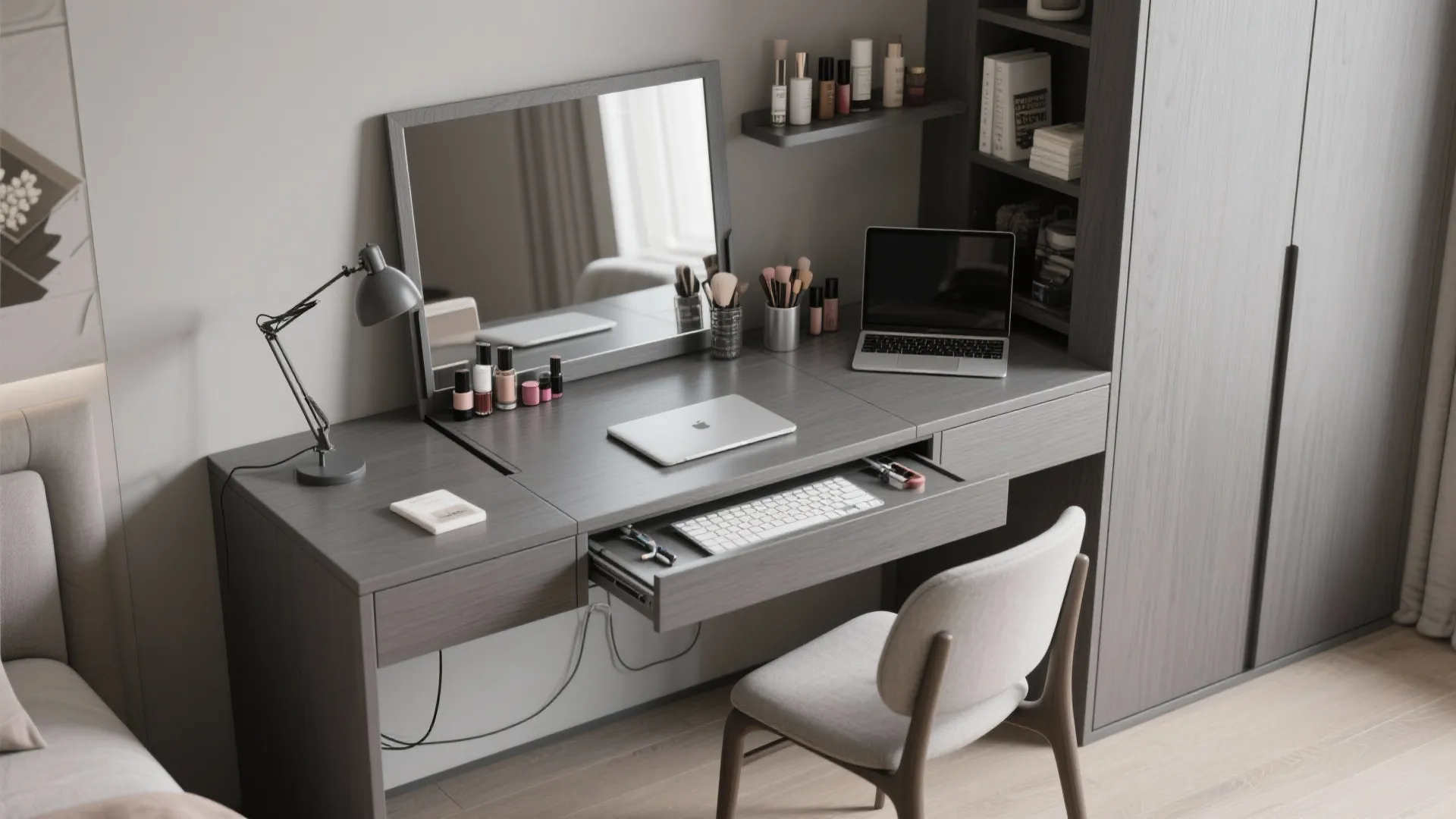 4. Grey wood dressing table that doubles as desk
