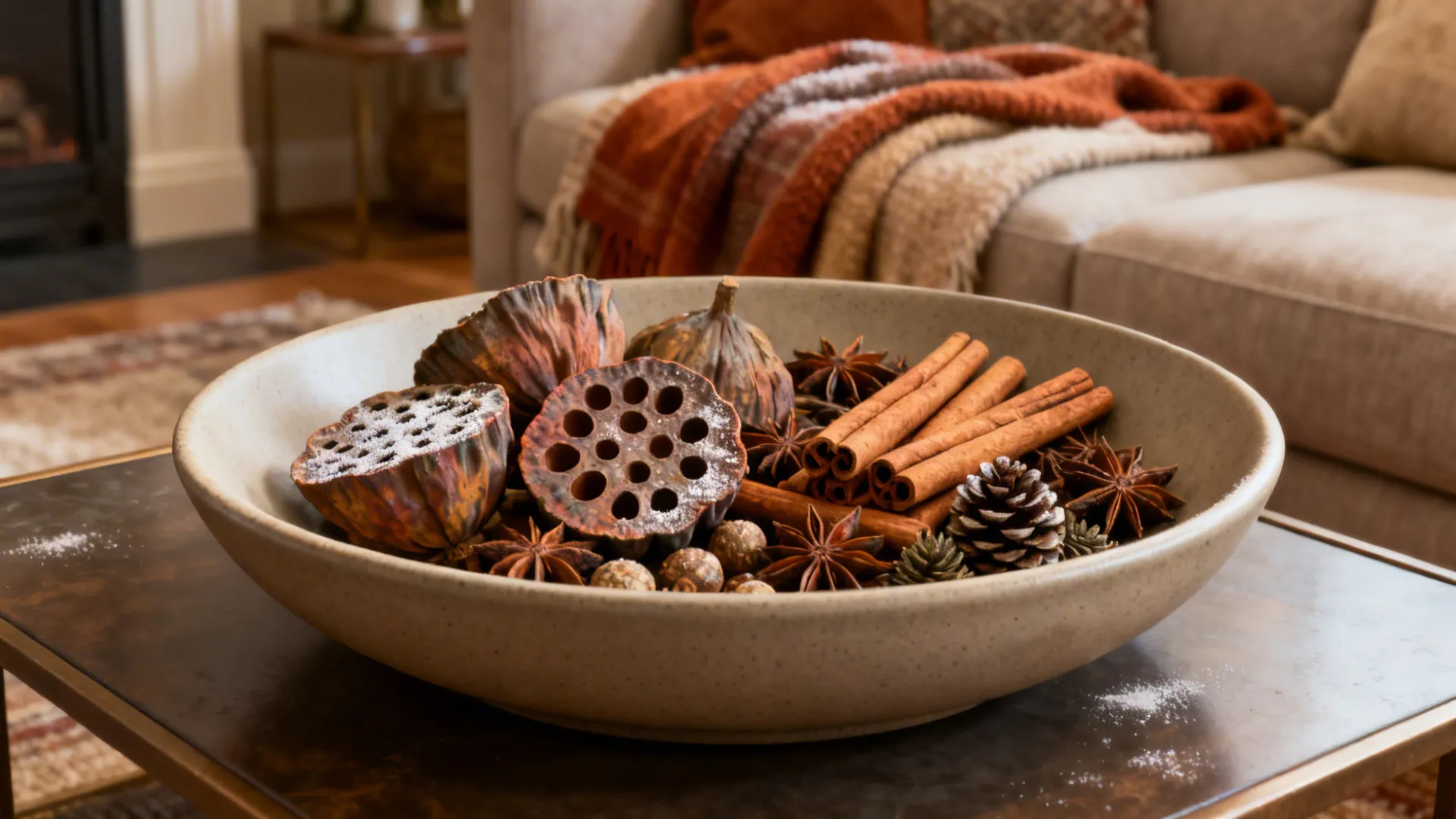 Decorative bowl filled with dried lotus pods cinnamon sticks and star anise on a table