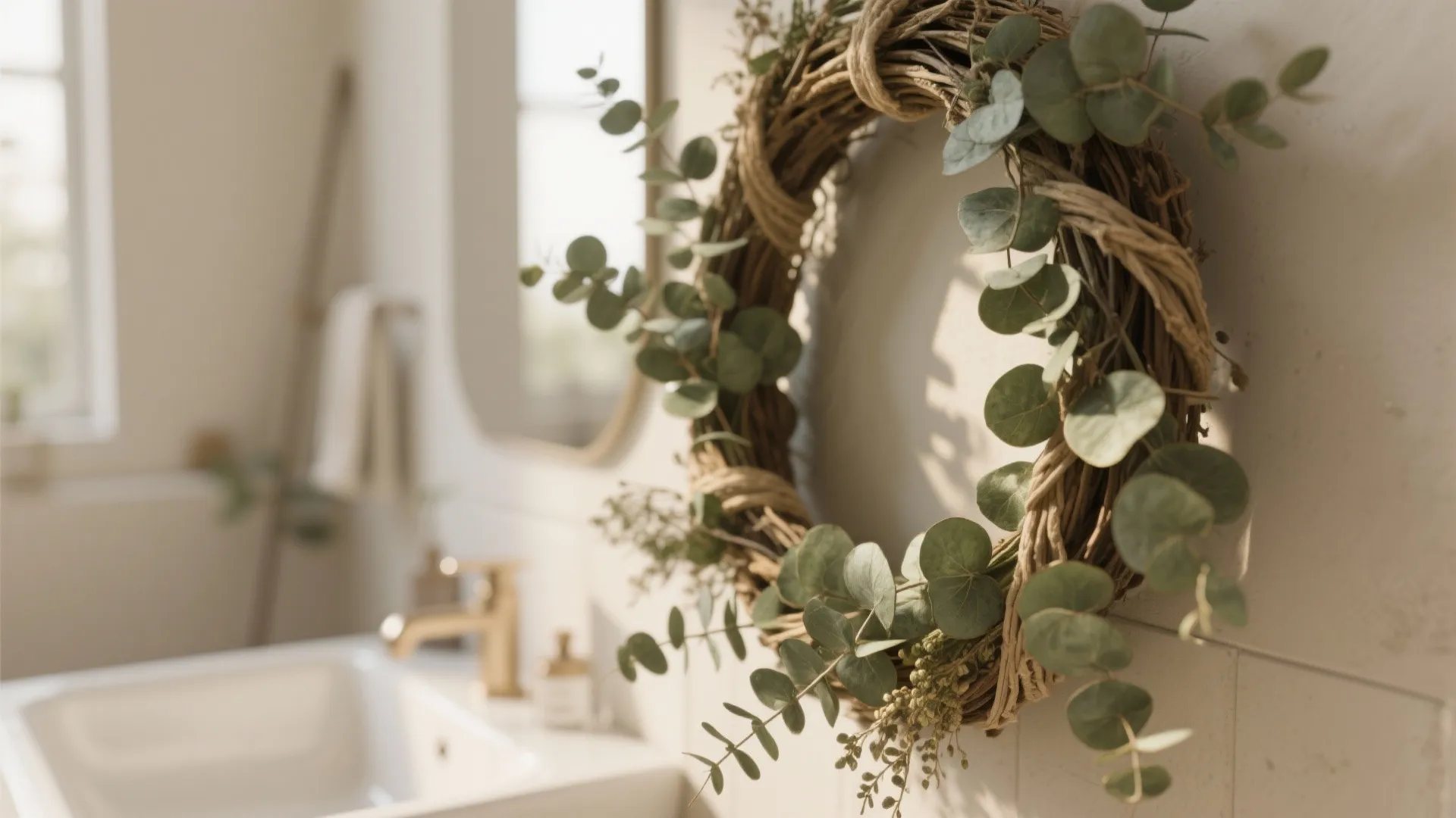 Eucalyptus wreath hanging on white bathroom wall next to white sink with gold water faucet