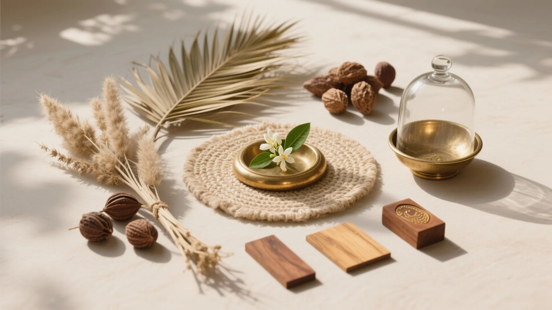 Flat lay of dried plants and wood samples on a white table for interior design