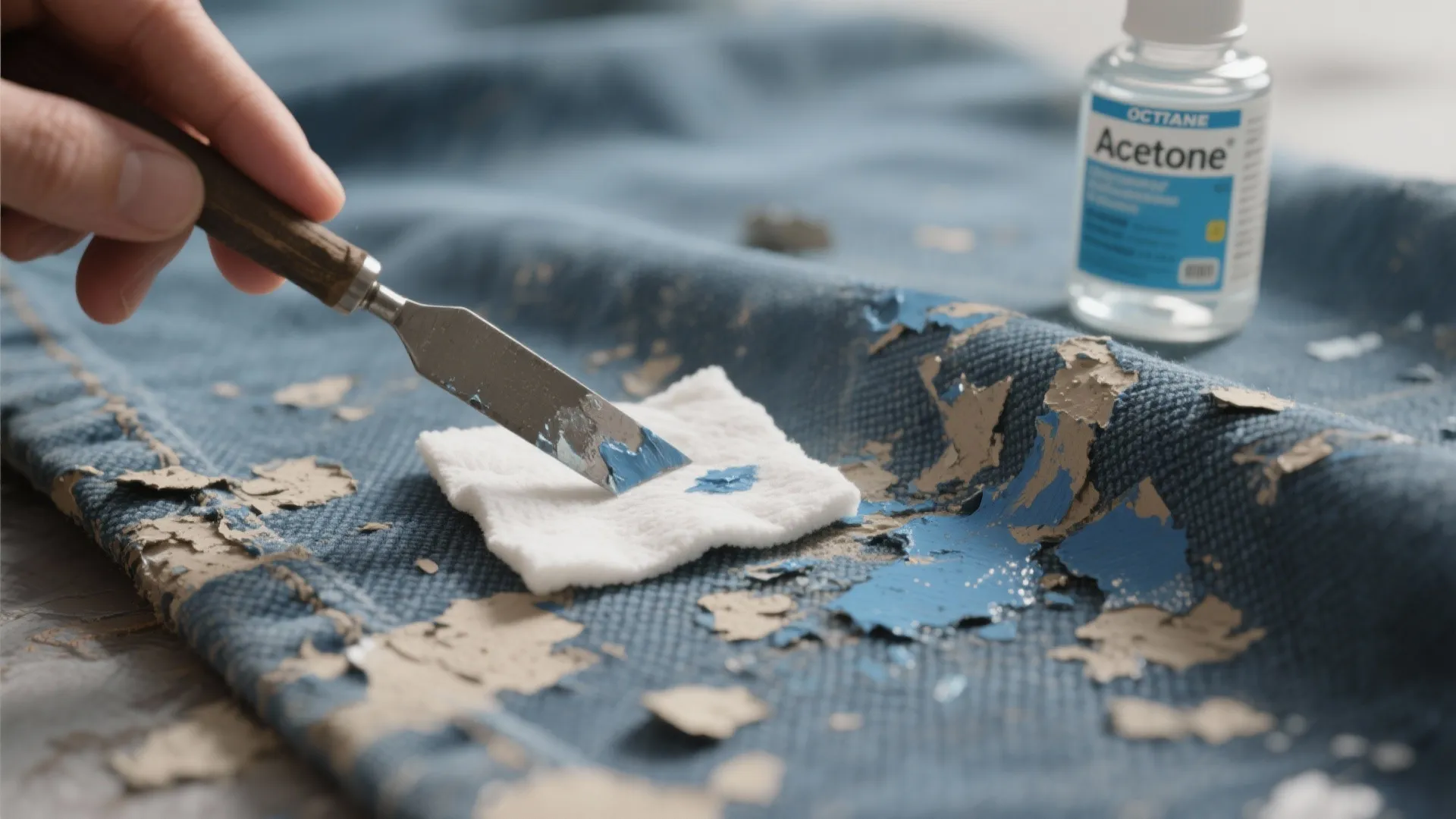 A hand using a small metal tool to remove dried blue paint from denim fabric material