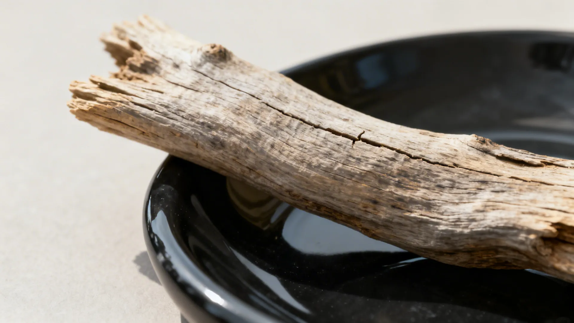 Macro of dried wood grain on a black resin dish showing rich natural texture.