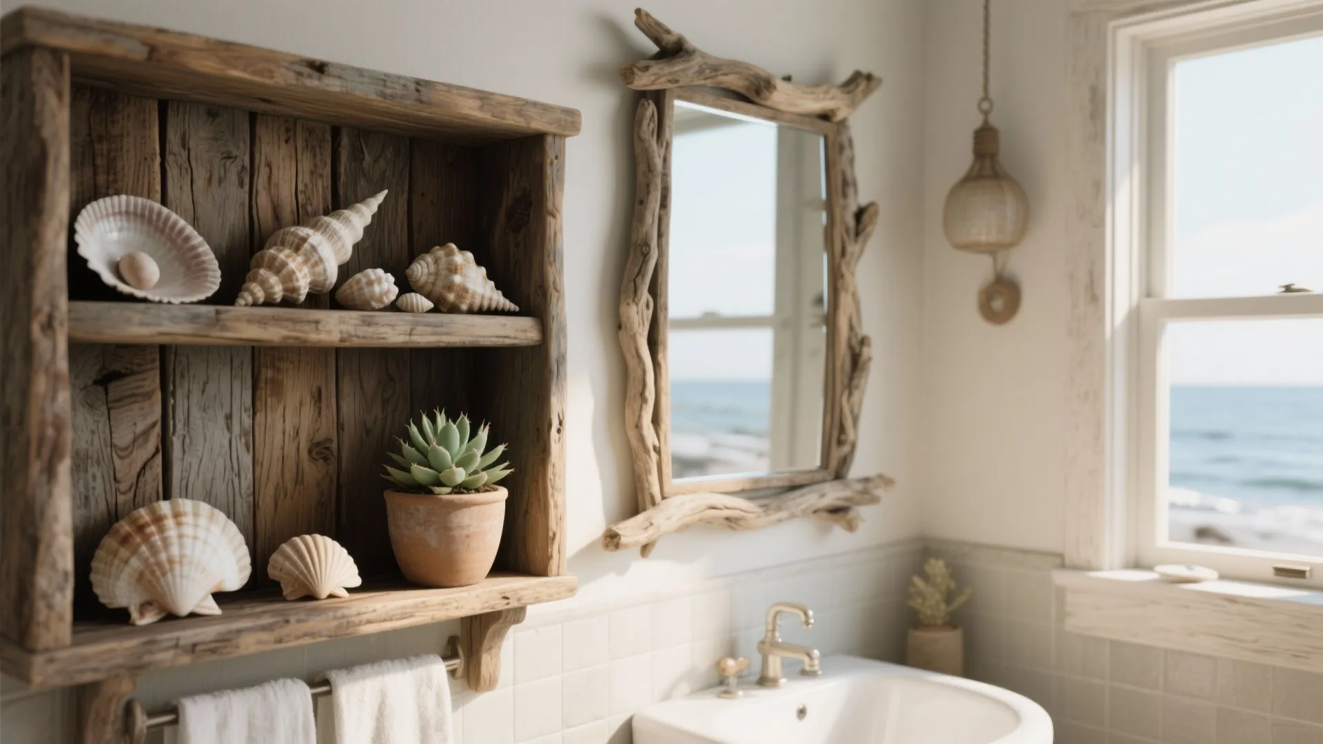 1. Weathered wood and driftwood accents
