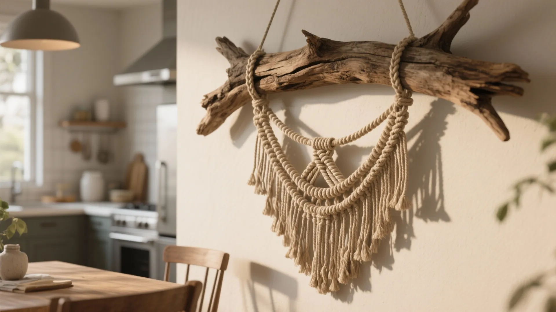 Handmade macrame art hanging from driftwood on a white wall with a blurred kitchen background