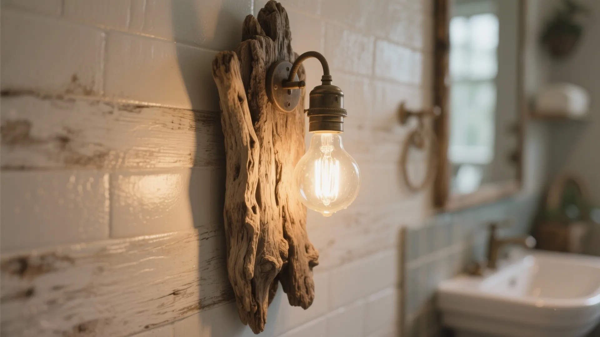 Rustic bathroom wall light with driftwood base and vintage bulb mounted on white tiled wall
