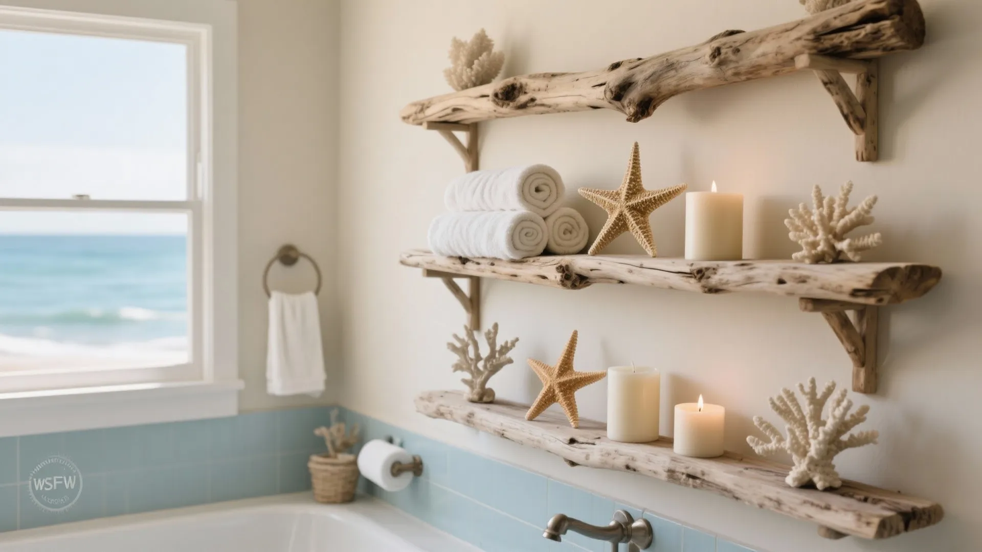 Bathroom driftwood shelves holding coastal decor items