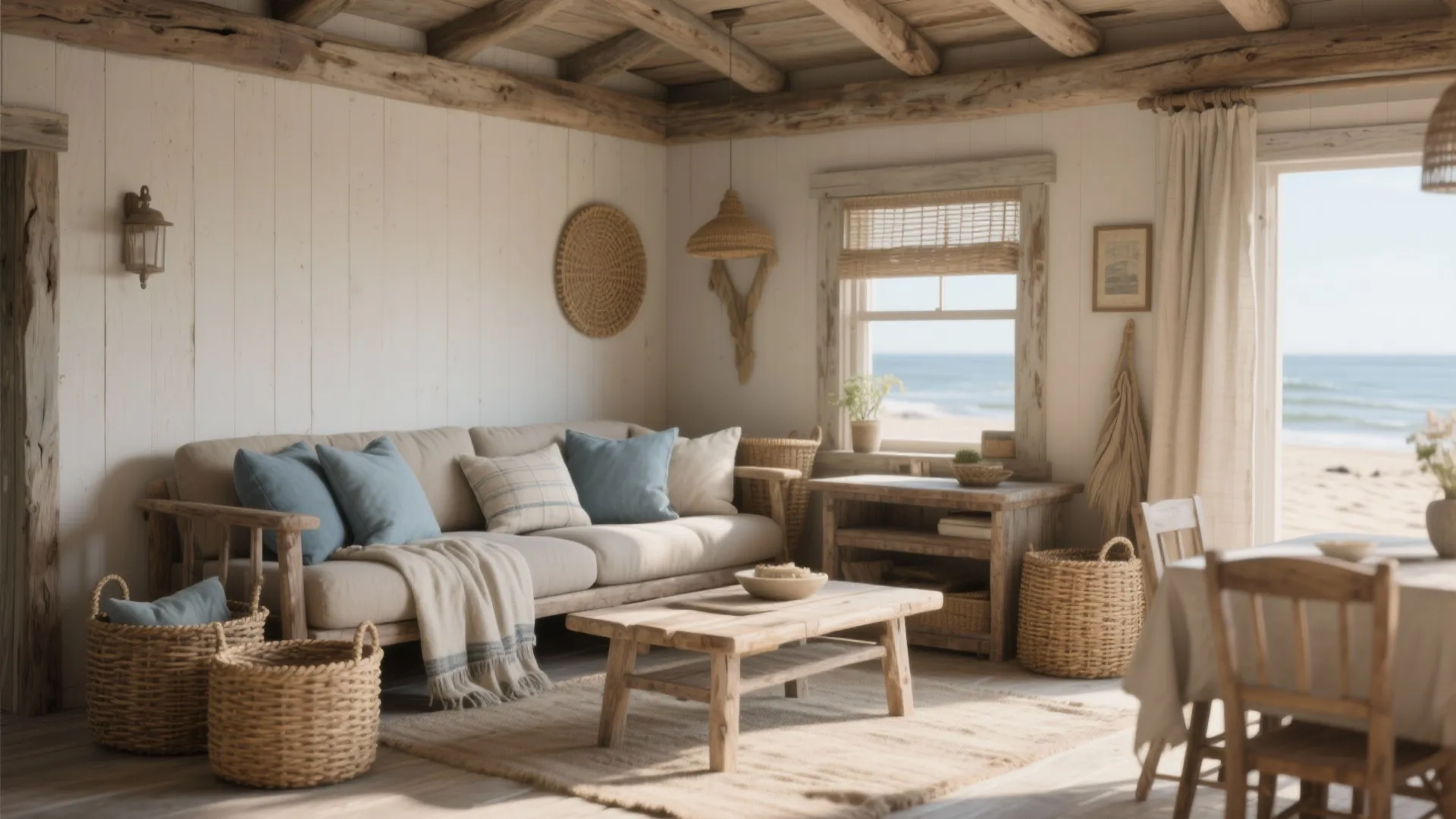 Beach cottage interior with driftwood neutral walls and dusty blue accents in pillows and decor.