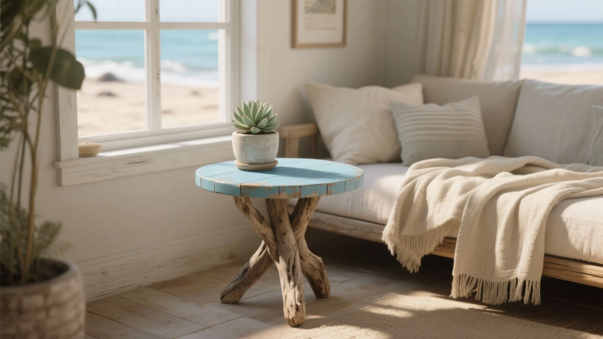 3. Coastal-inspired driftwood table with blue accents