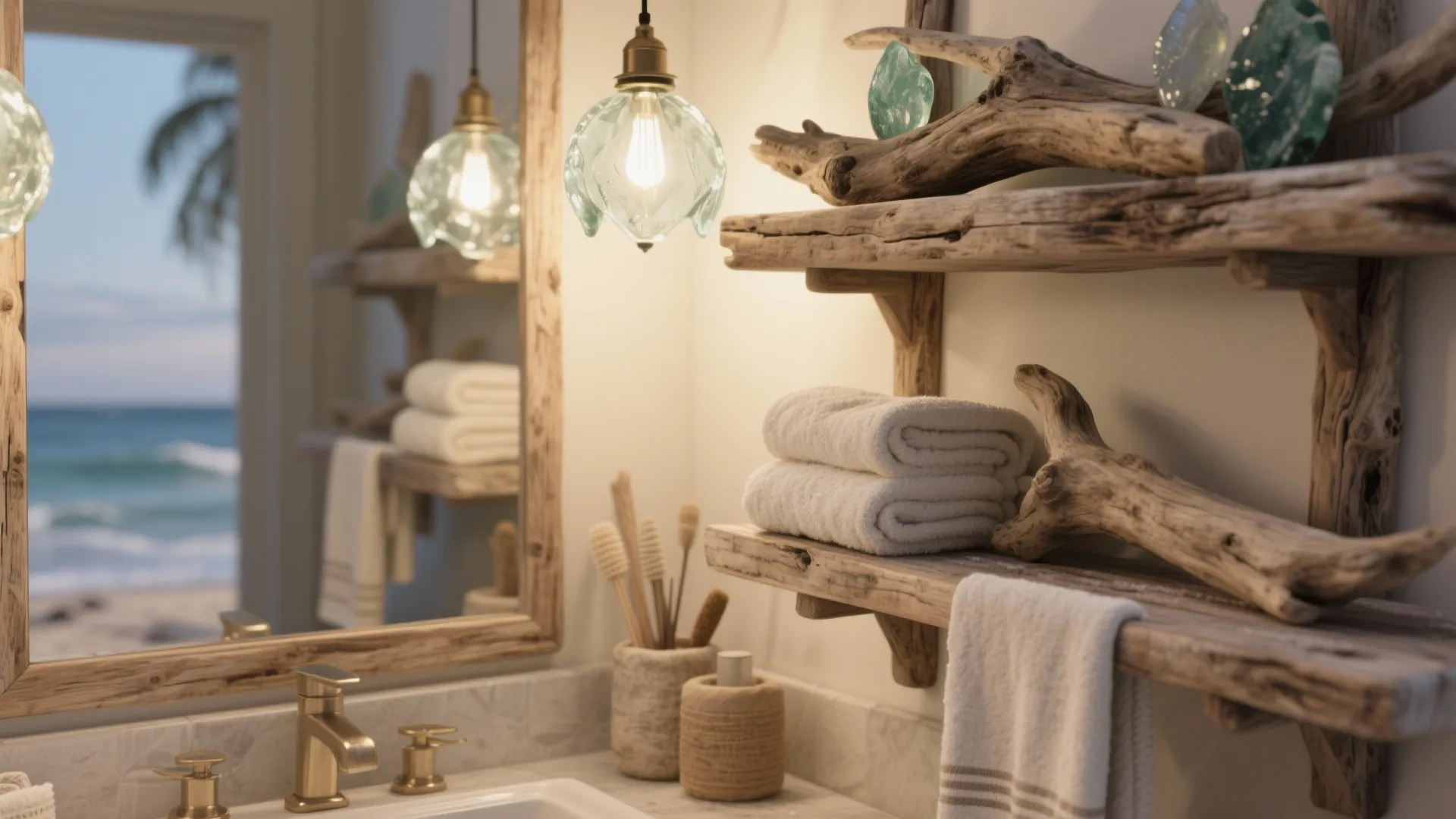 4. Marine textures: driftwood shelves and glass pebble lights