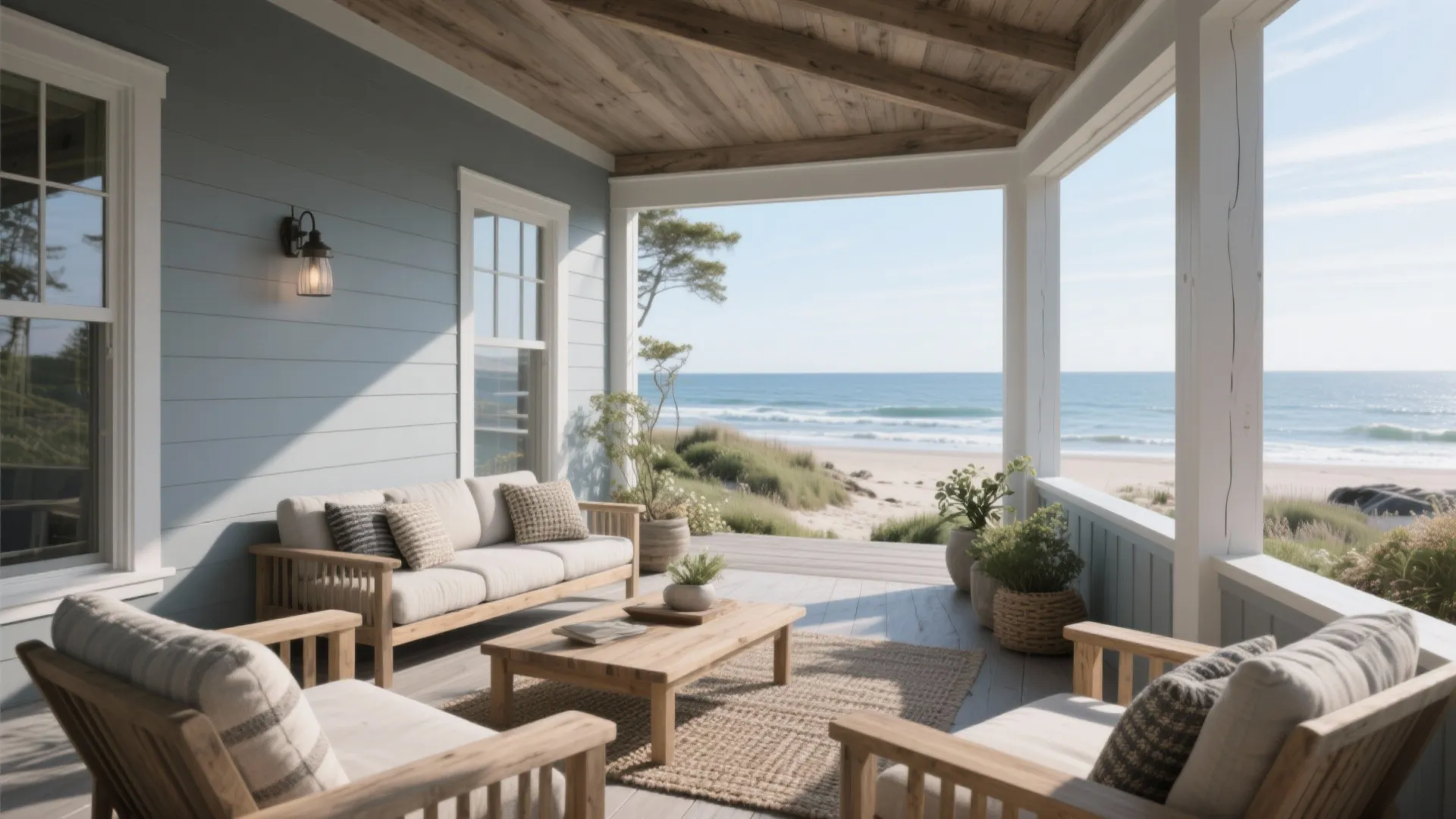 Porch or sunroom in driftwood gray with blue undertones and natural textures.