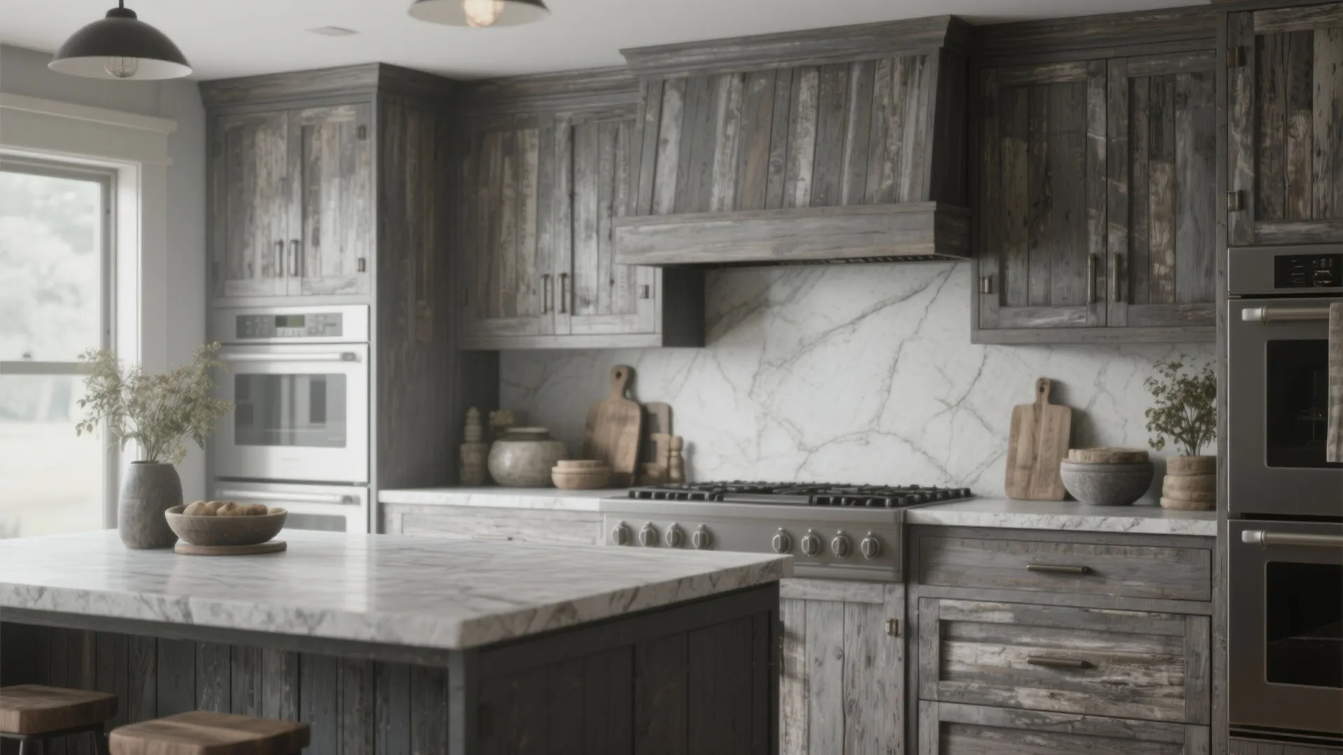 Rustic kitchen with weathered wood cabinets, white marble island, built-in ovens, and black ceiling lights
