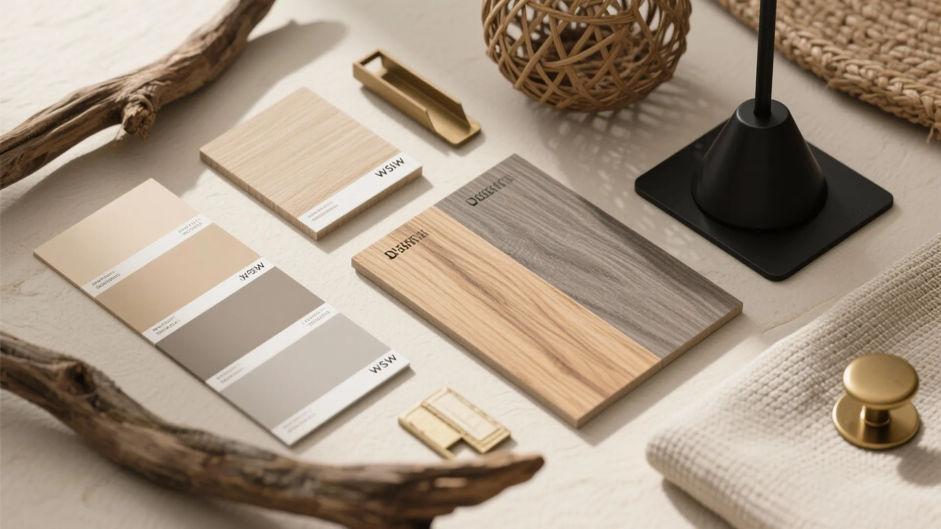 Top-down flatlay of driftwood beige swatches, wood samples, wicker and brass hardware for a warm neutral palette.
