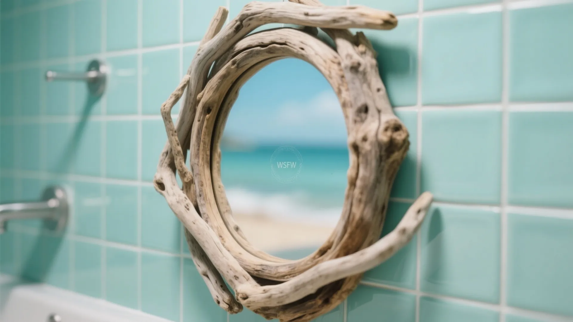 Round mirror with a natural wood frame on light blue tiled wall reflecting the beach