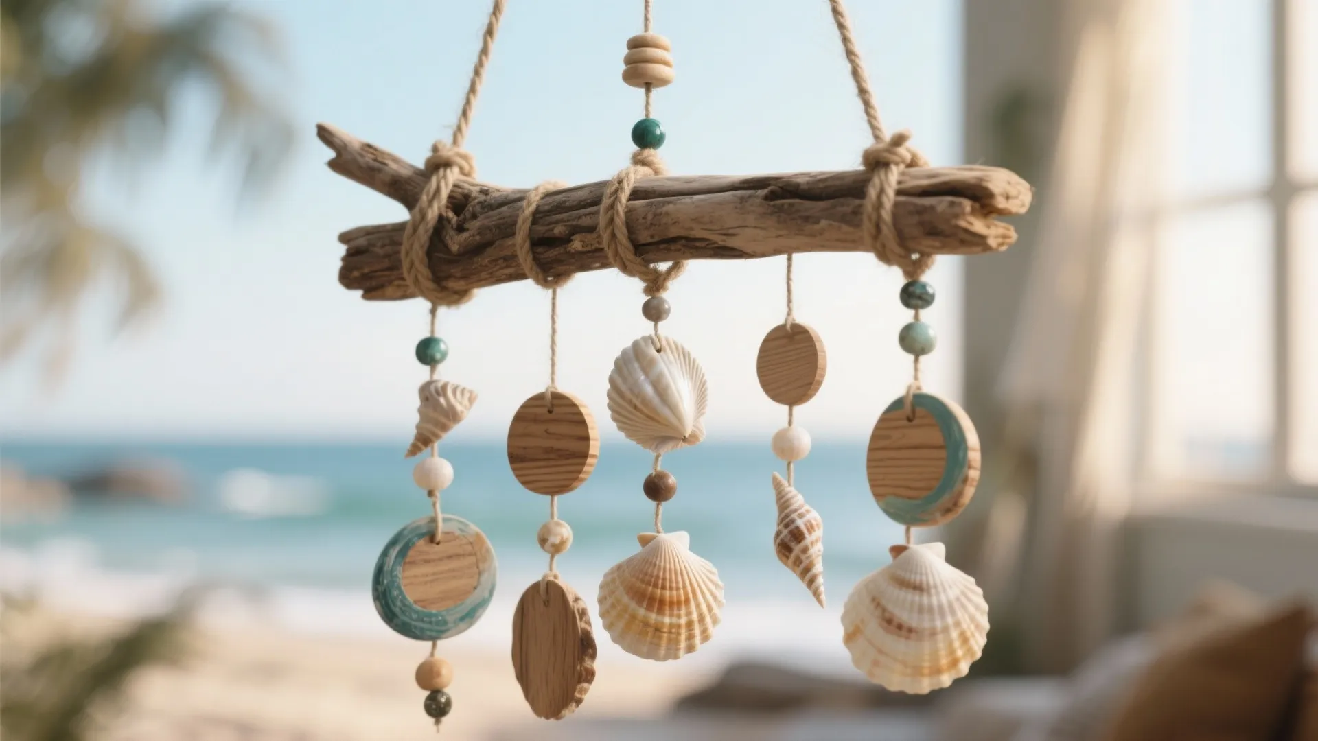 Close-up of a driftwood mobile with shells, beads, and painted wooden discs showing knots and texture.