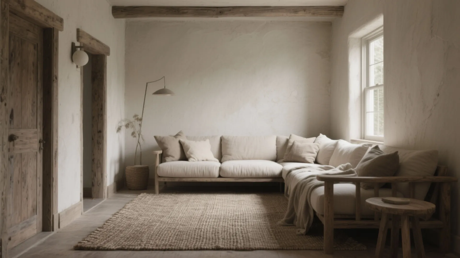 Rustic living room with large beige sofa, textured rug, wooden ceiling beams, and natural light