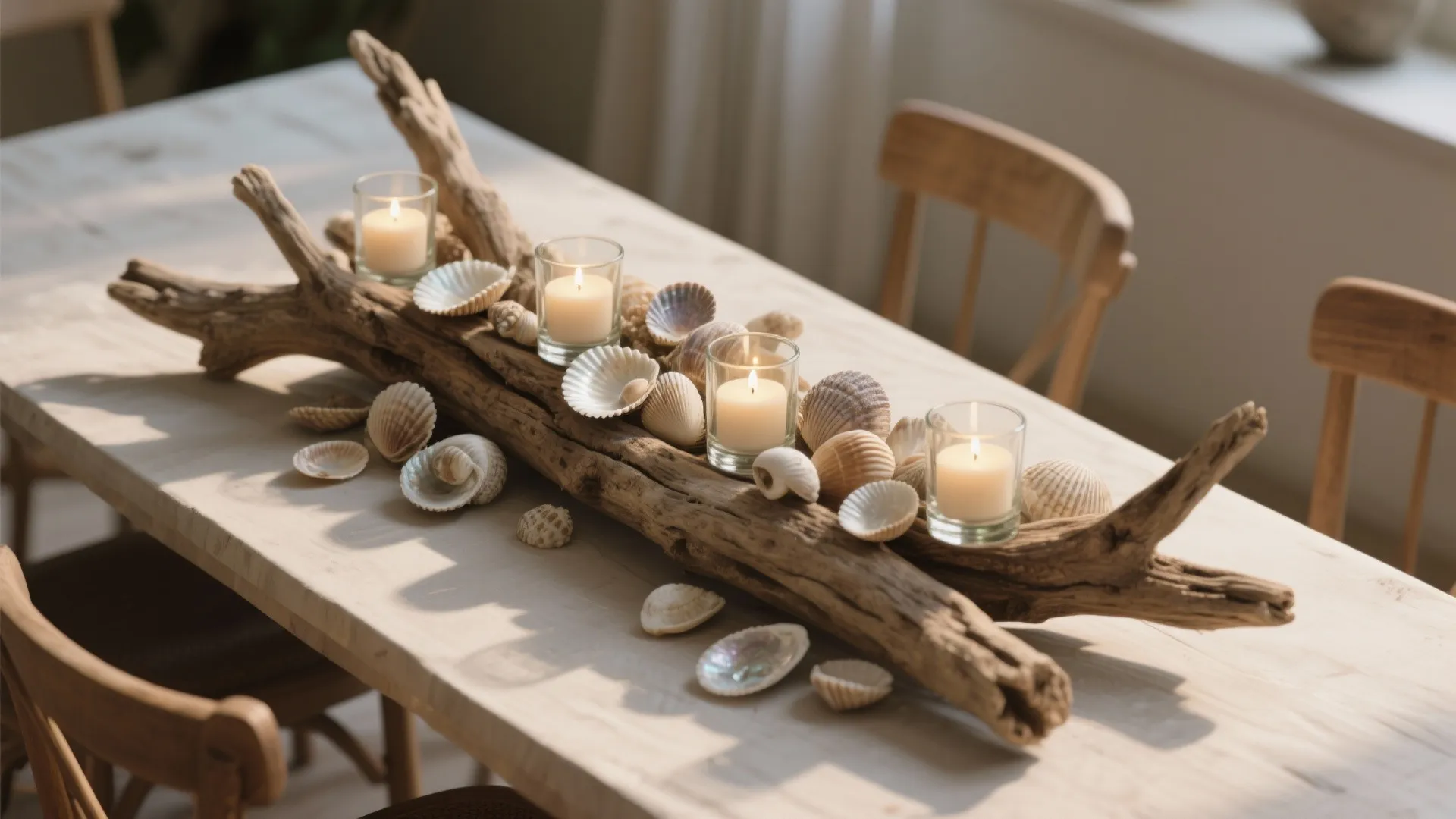 Centerpiece made of wood branch with small candles and sea shells on a wooden table