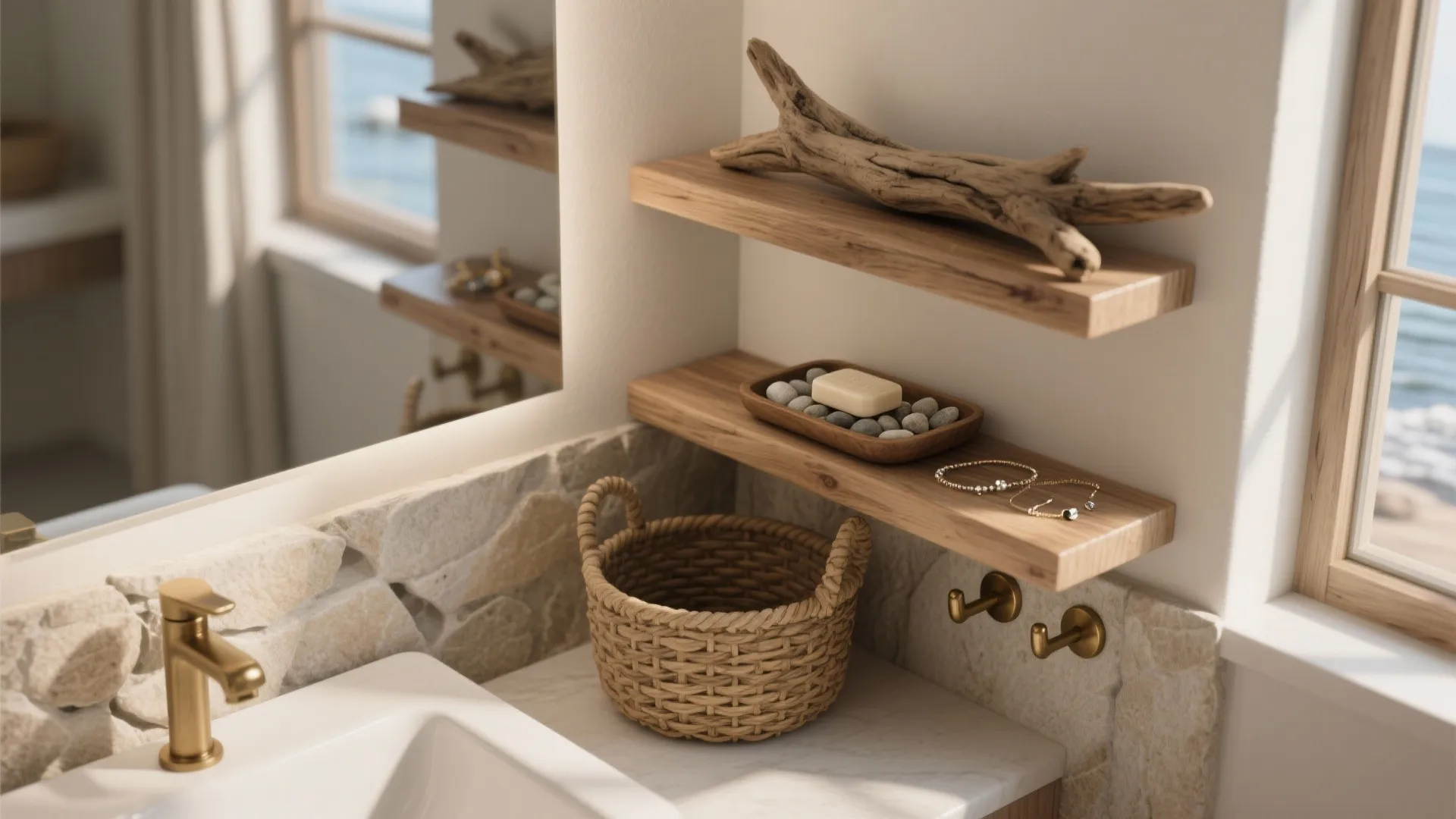 2. Driftwood shelves and pebble trays