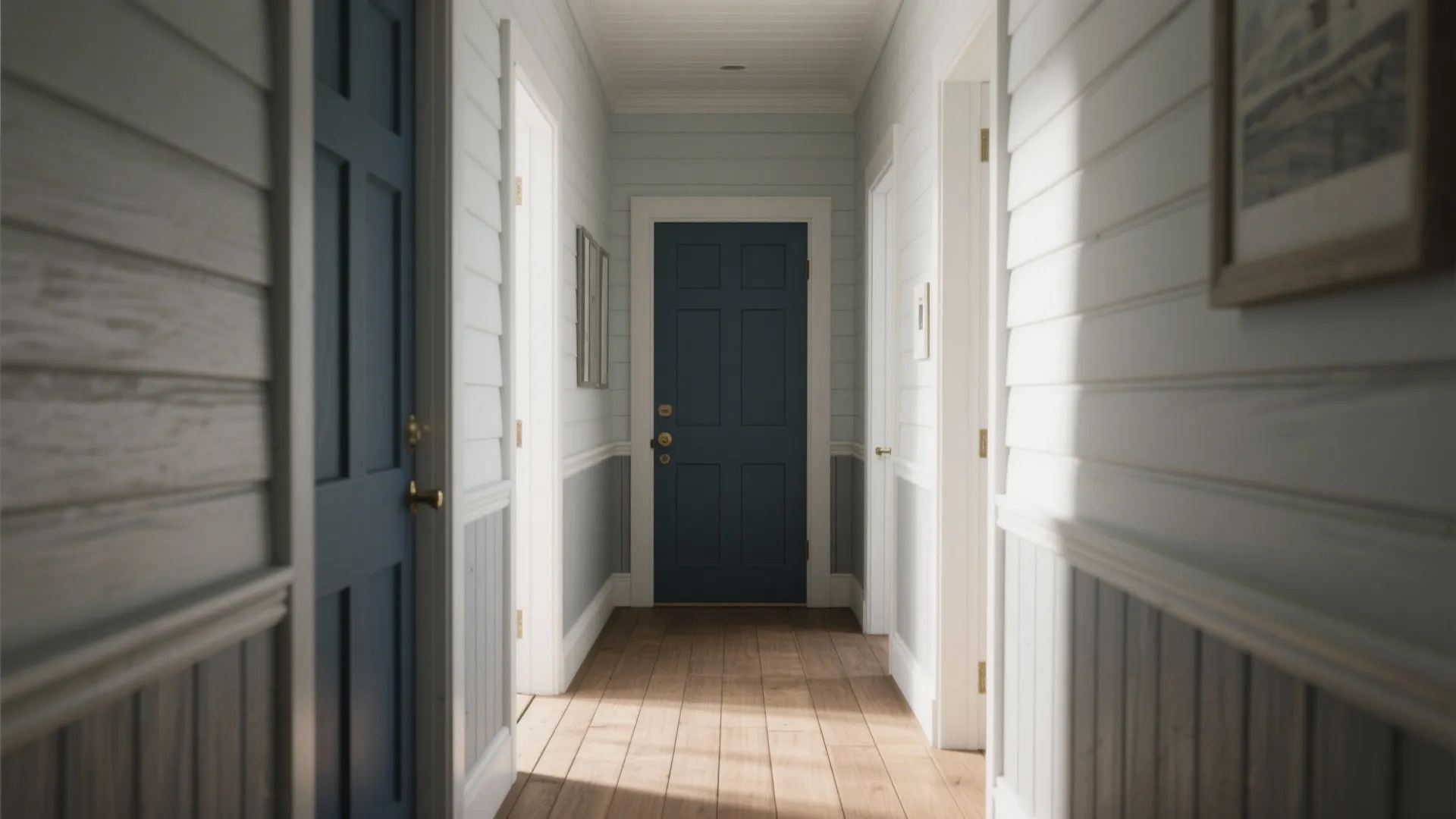 Bright hallway with white wall panel wood floor blue doors and sunlight coming through a window