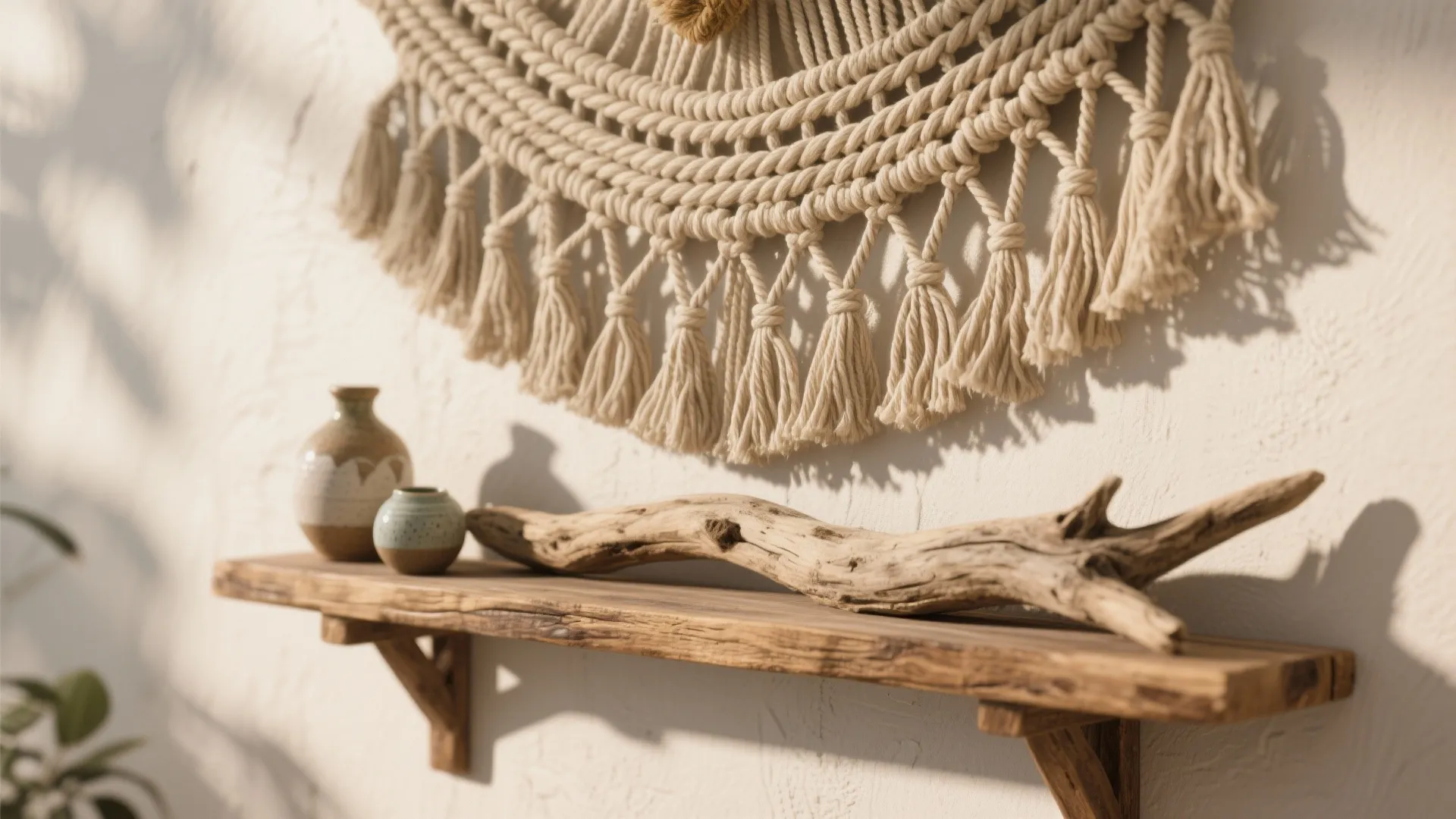 3. Textured driftwood and woven art