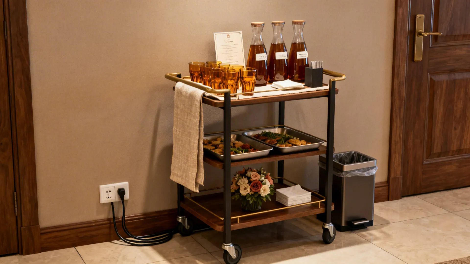 Rolling cart drink station with tiered trays, labeled carafes, amber glass, linen, florals, and a small trash setup.