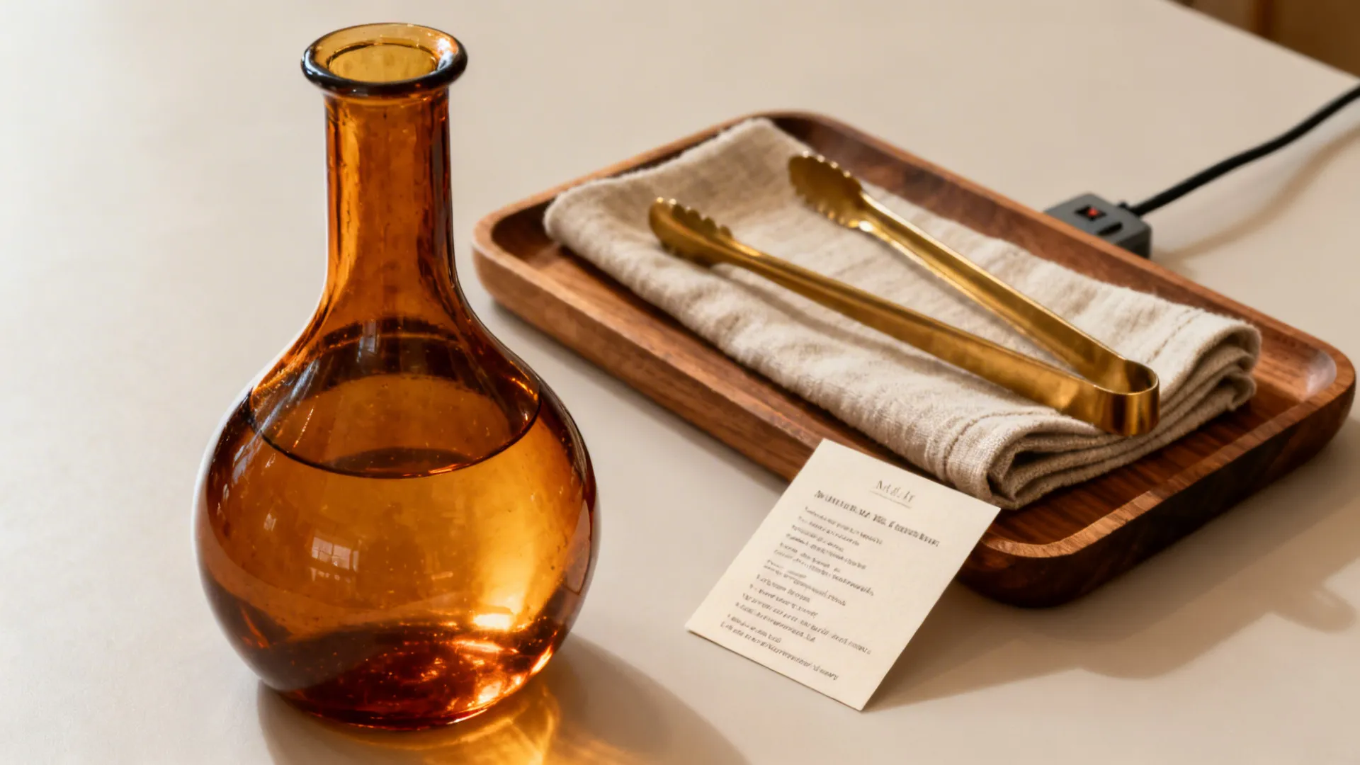 Close-up of an amber glass carafe, linen napkins, wood tray with brass tongs, and a tidy outlet cord.