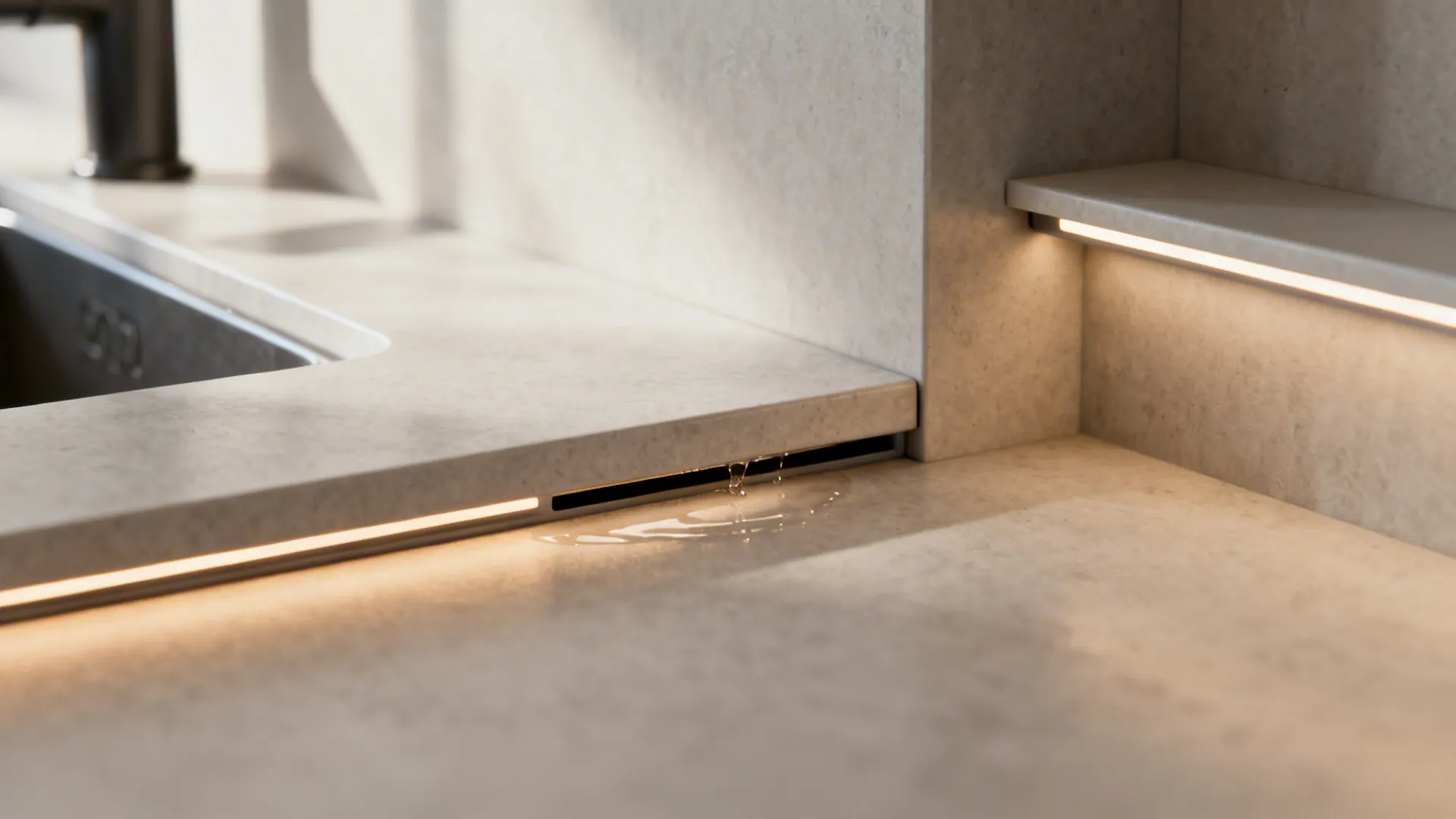 Macro of a precise drip edge under a countertop overhang with LED-lit backsplash ledge.