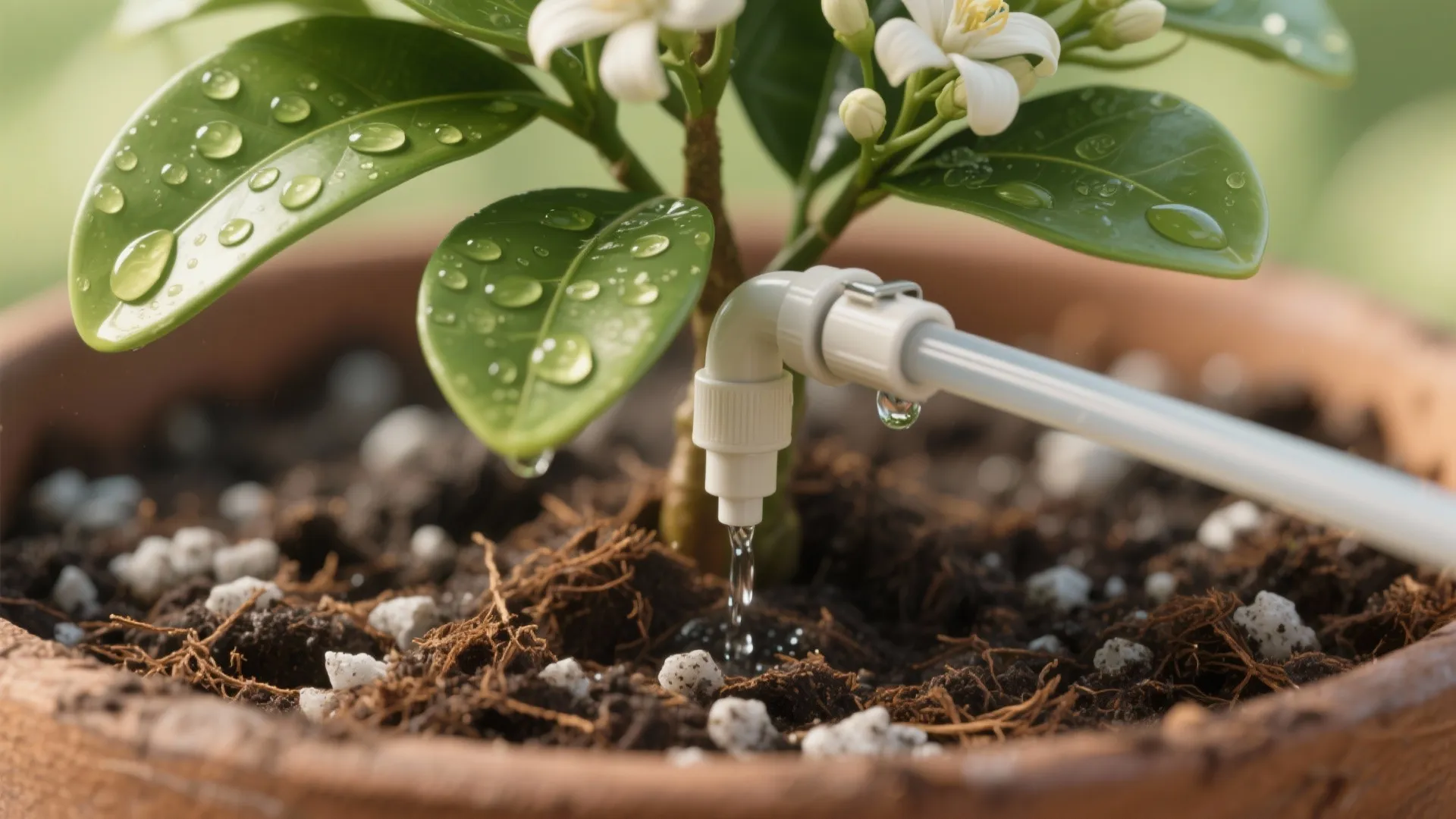 Close up of an automatic watering system dripping water onto a small green plant in pot