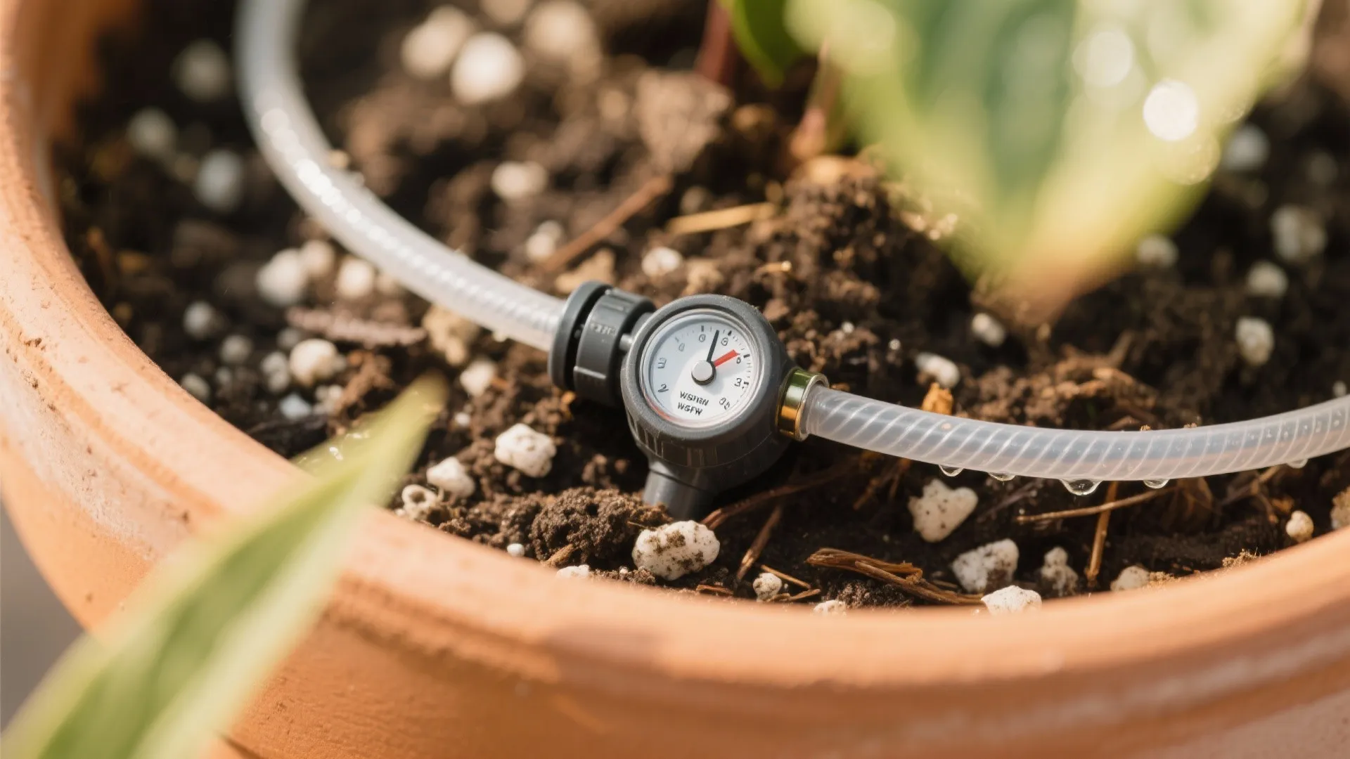 Automatic watering system with a water pressure gauge placed in a plant pot with soil