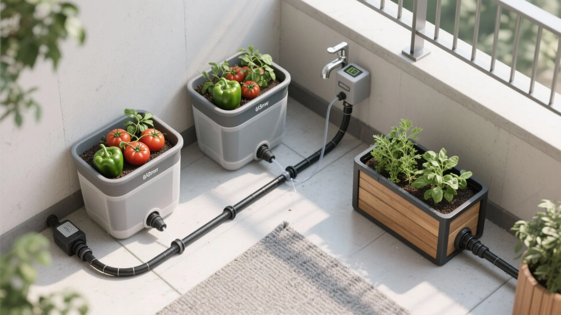 Automatic watering system connected to vegetable planters with tomatoes and peppers on a sunny apartment balcony