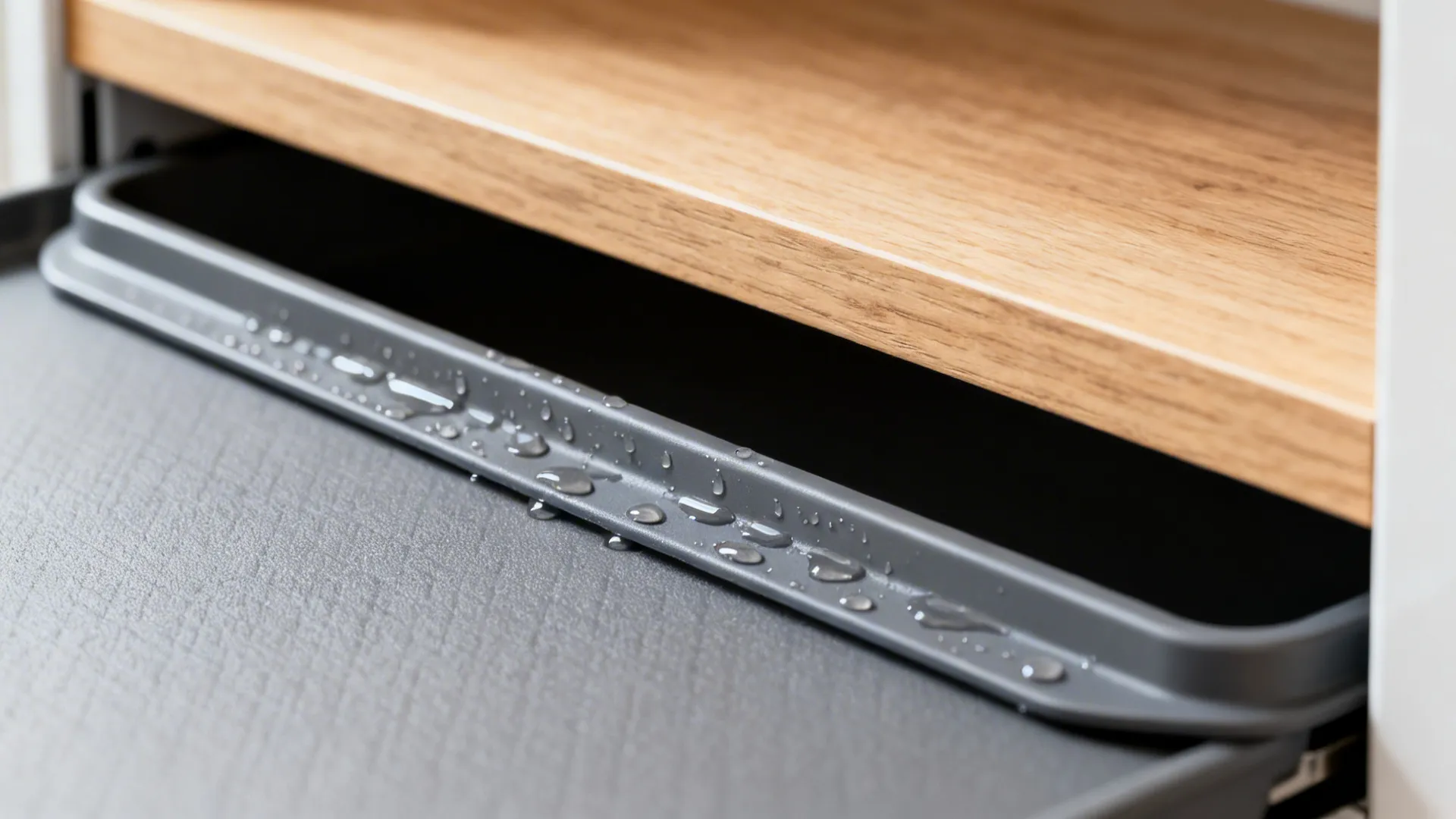 Close-up of a grey tray with water droplets sitting under a light colored wooden shelf