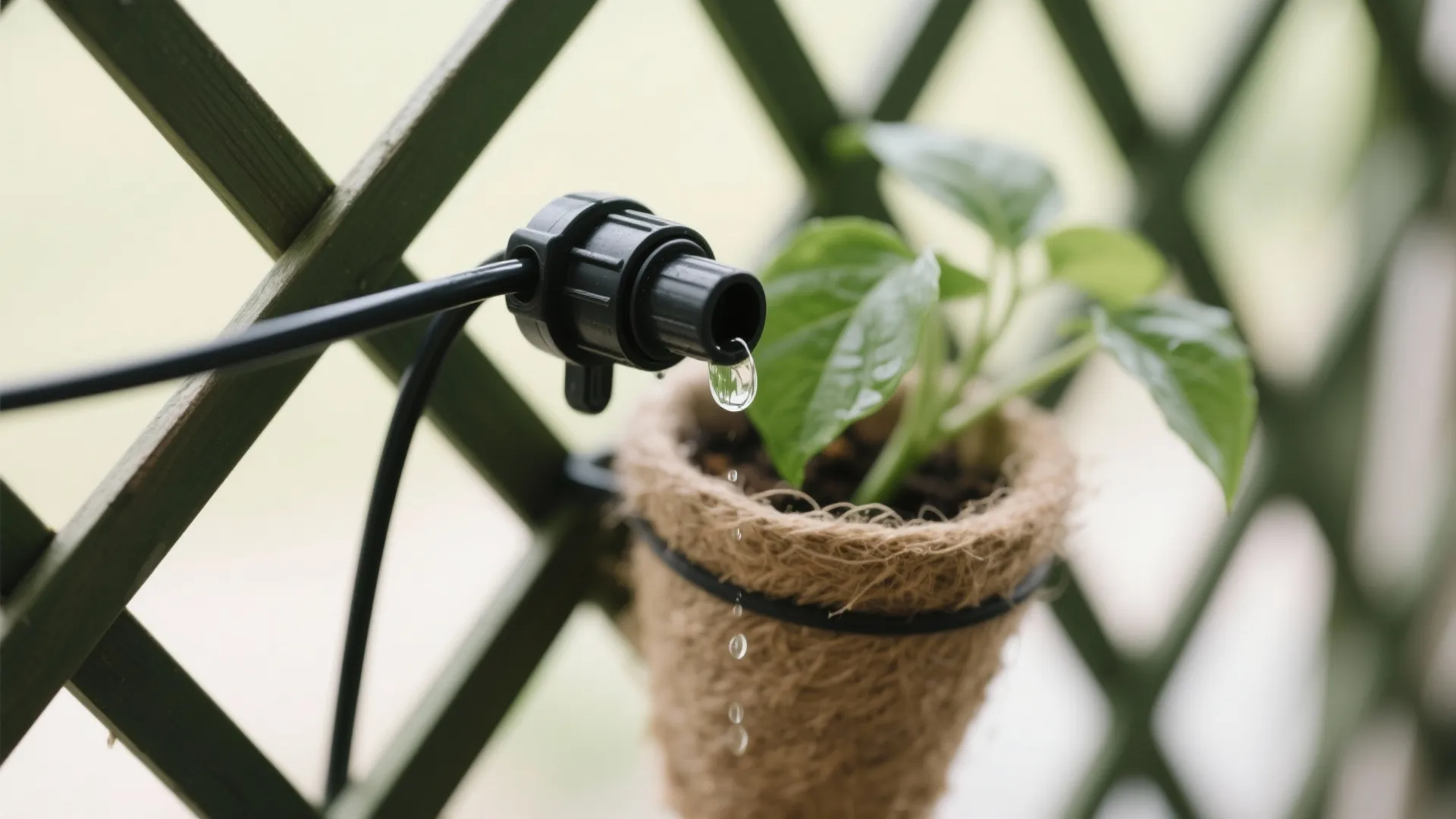 Close-up of a drip emitter on a trellis planter with coir liner and fresh leaves.