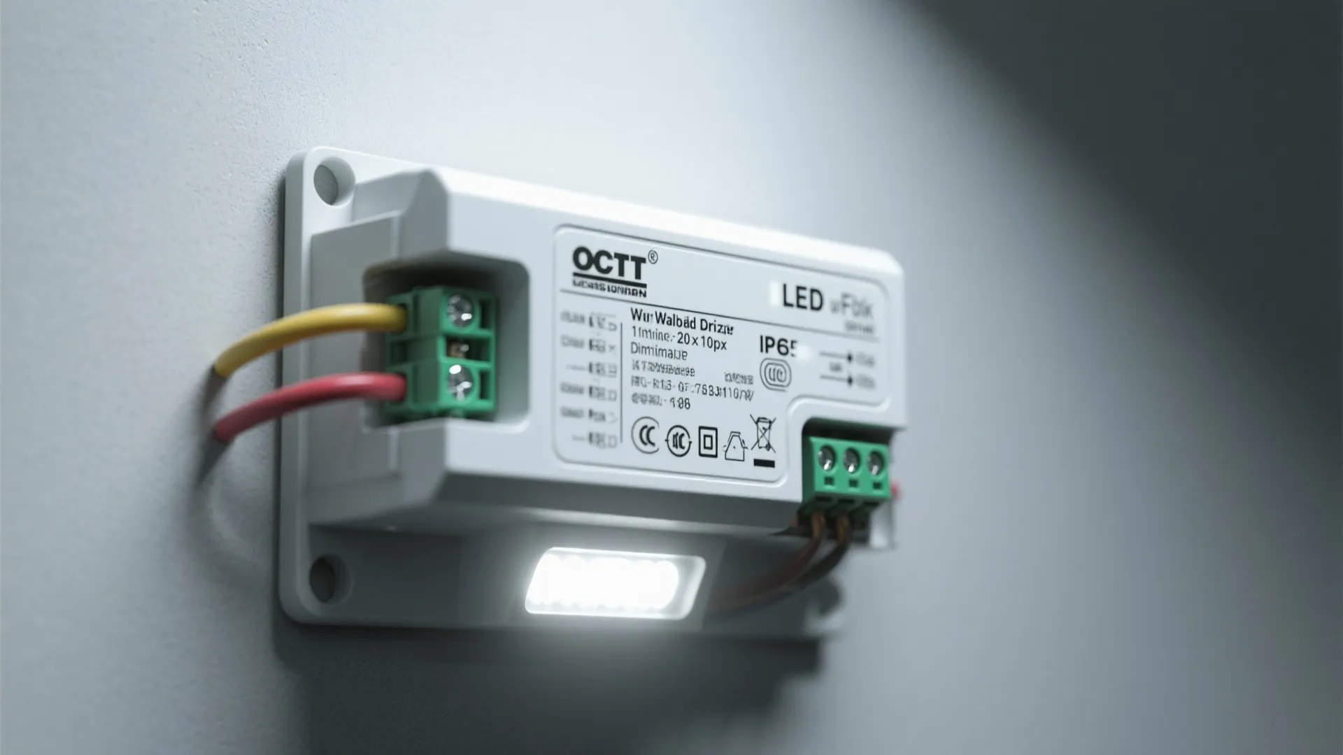 Close-up of an LED wall pack driver label and IP65 marking showing wiring terminals.