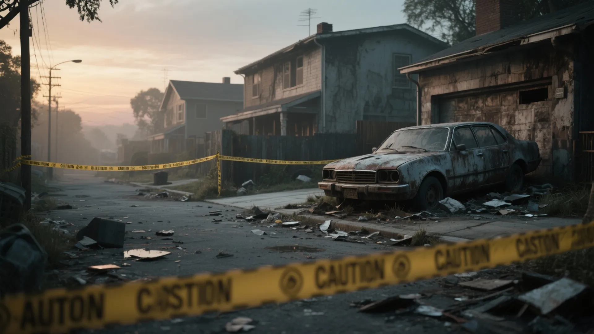 Driveway marked with caution tape and an abandoned car
