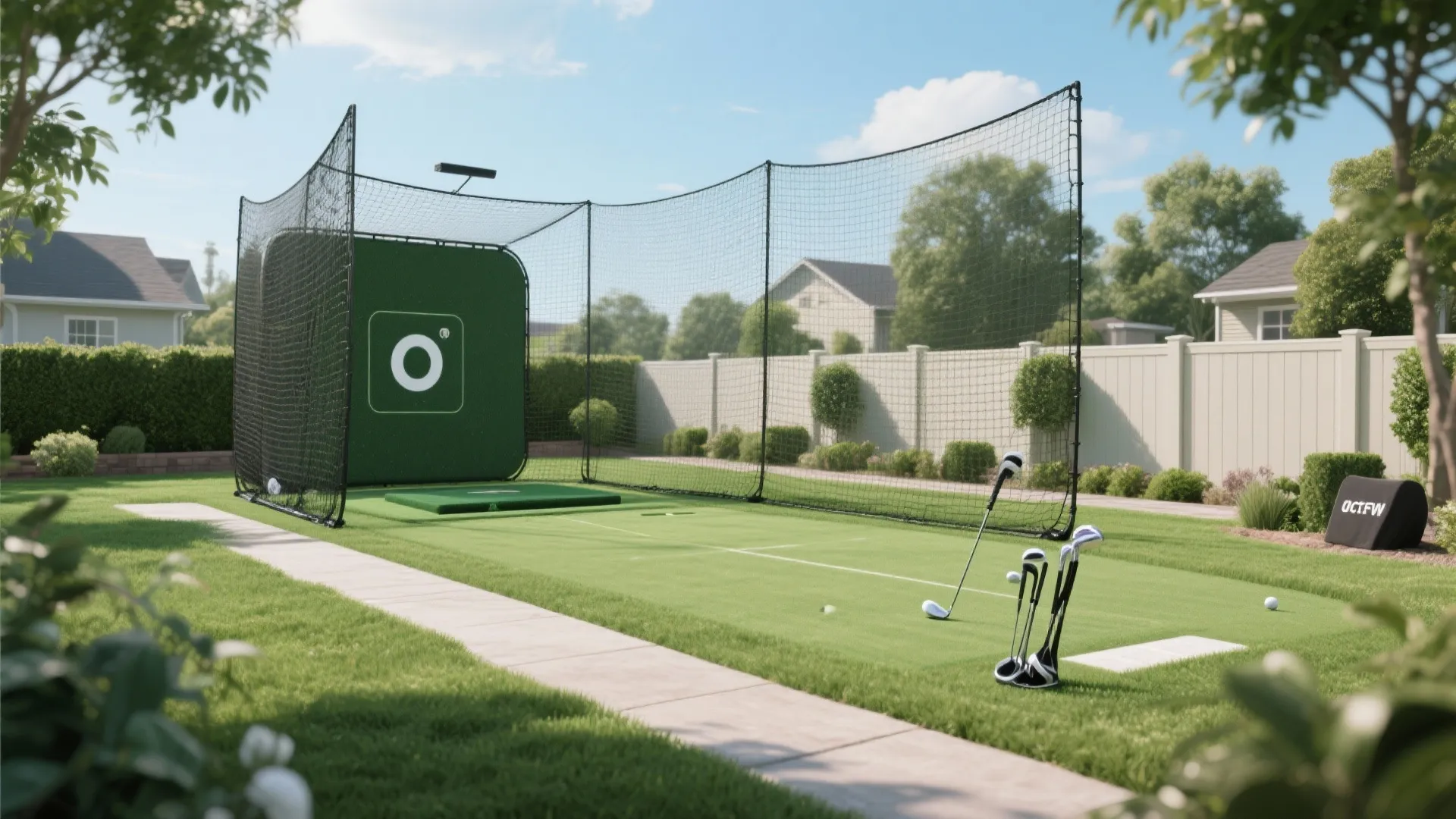 Outdoor backyard golf practice area with large black hitting net green mat and club set