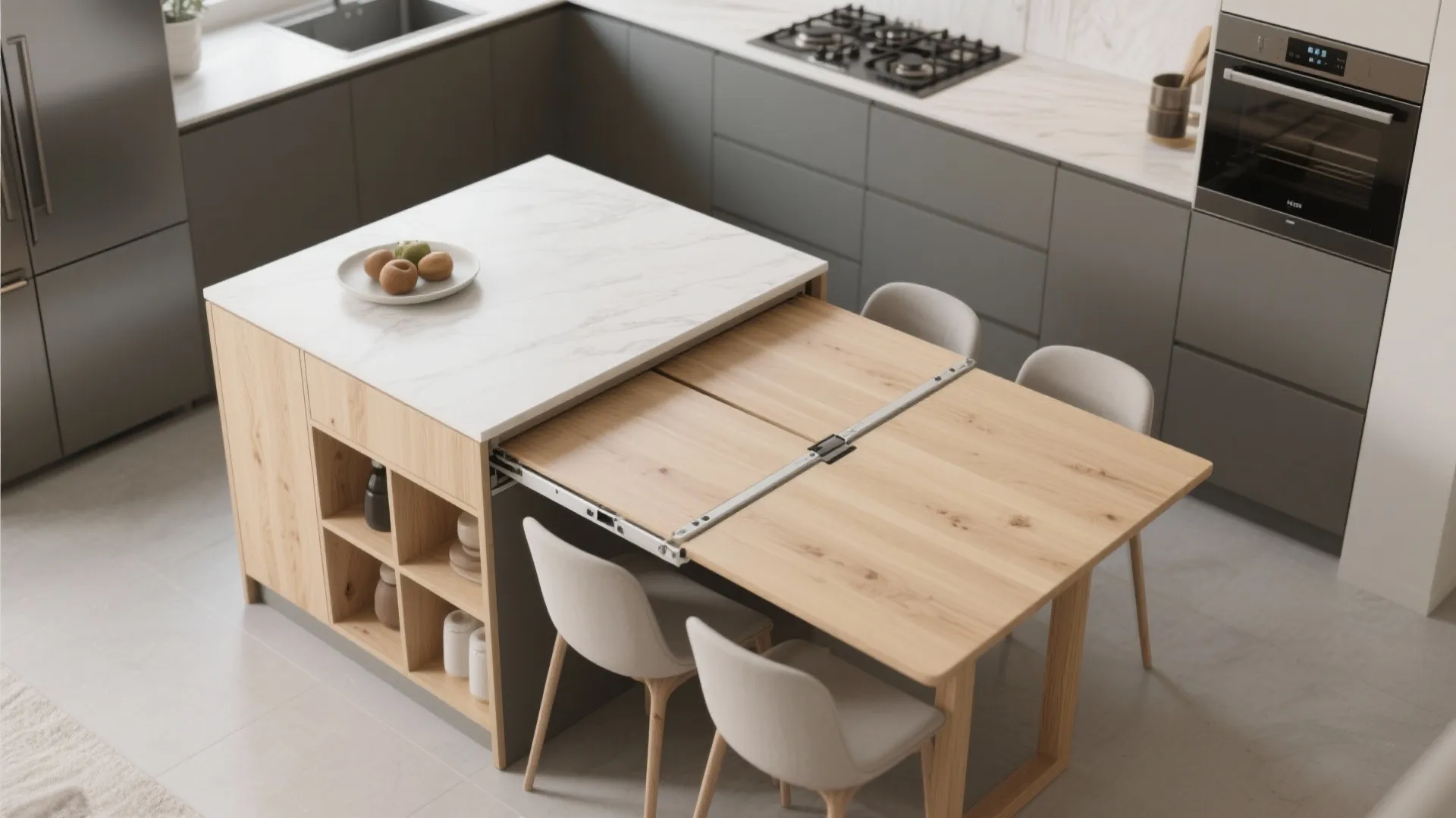 Modern kitchen island with pull out wooden dining table grey cabinets white marble countertop and chairs
