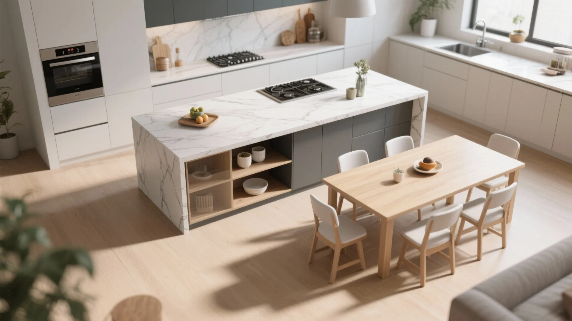 Spacious white kitchen featuring marble island wooden dining table chairs and grey cabinets with oven