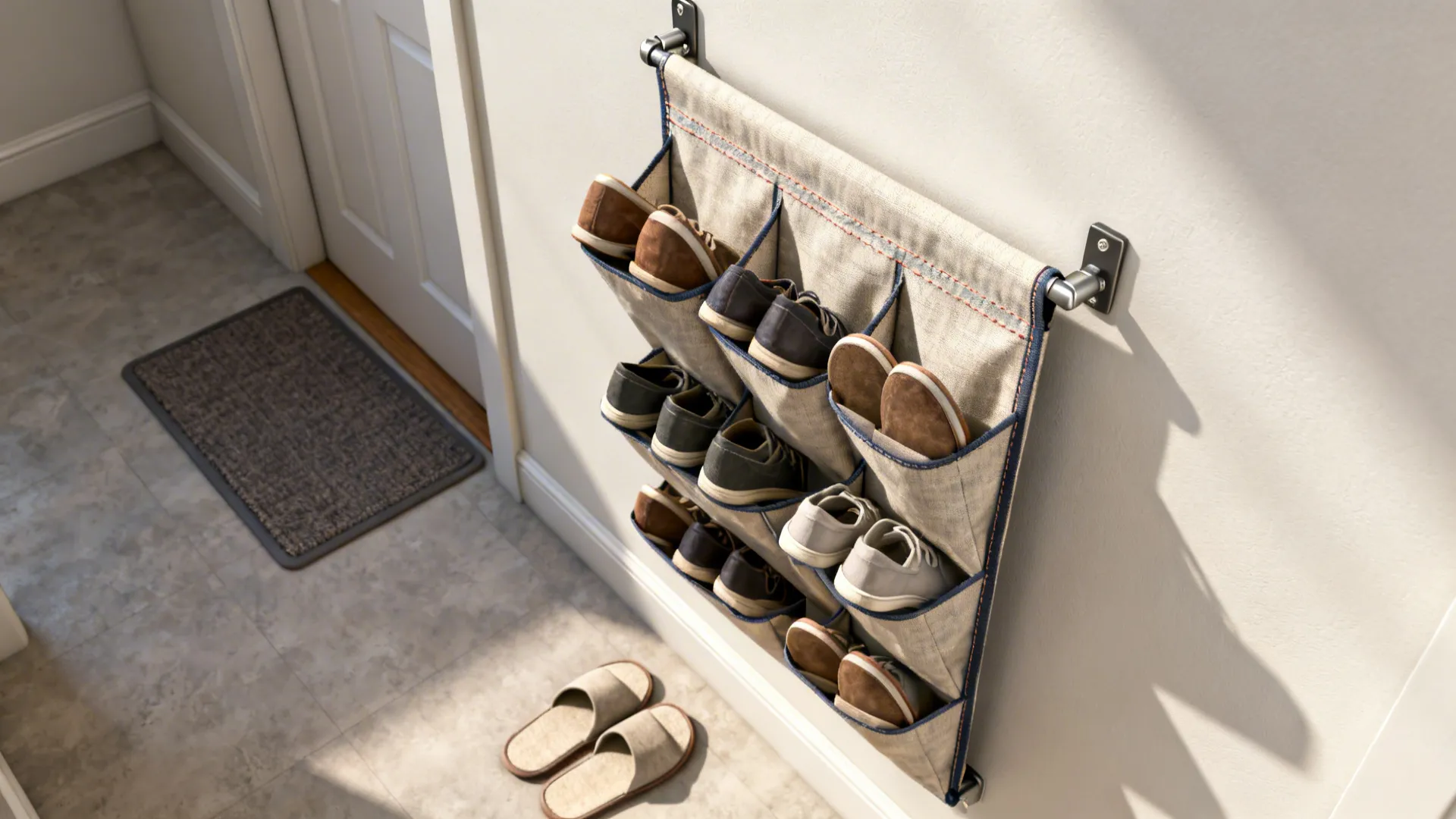 Top-down view of a drop-down wall shoe organizer with slanted pockets in a narrow entry corridor.
