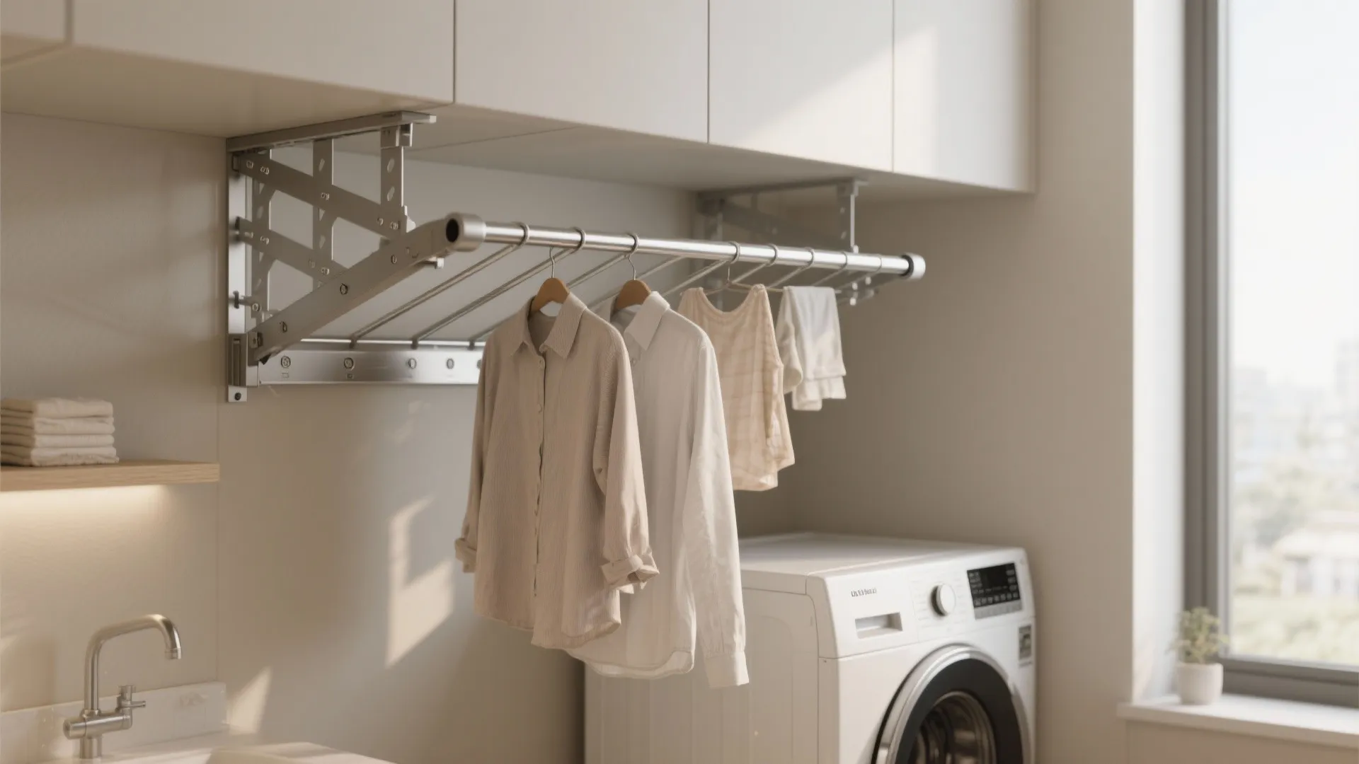 Laundry room featuring a pull down drying rack with shirts hanging above a white washing machine
