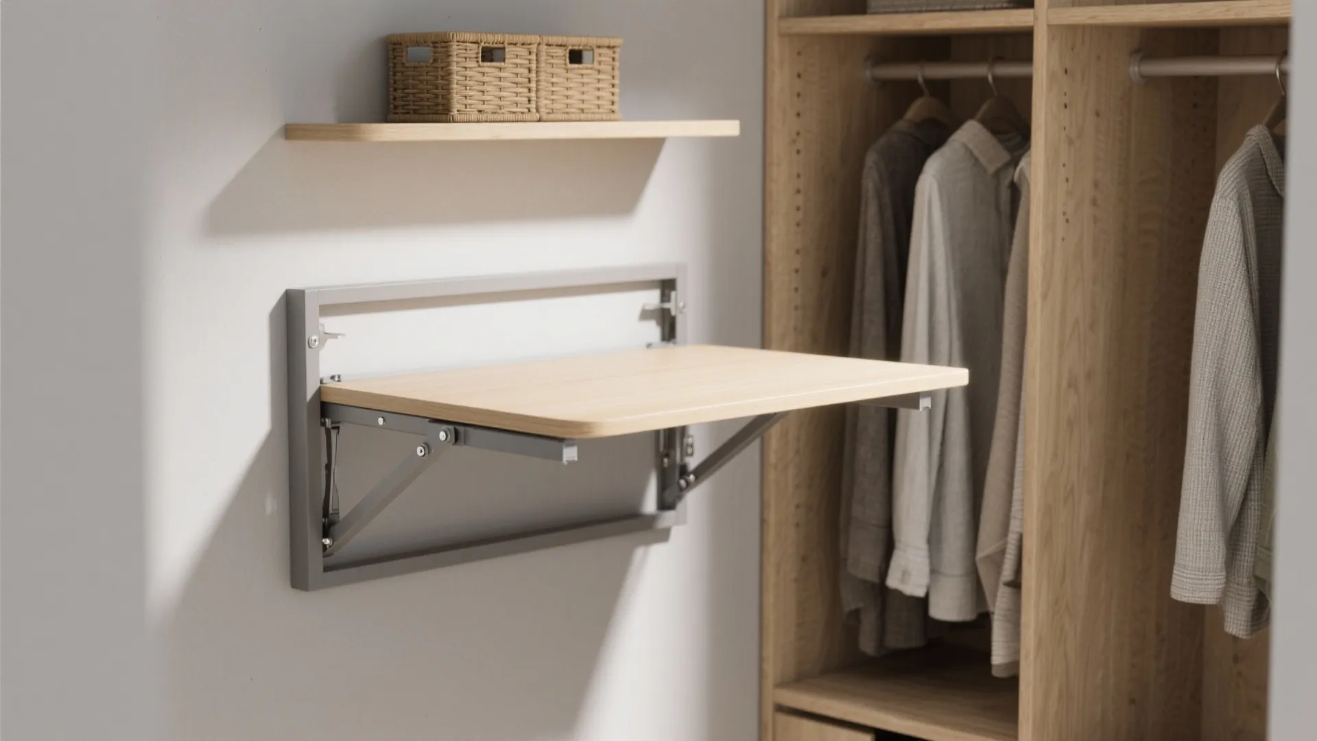 Wall mounted wooden folding table for laundry room next to a wooden wardrobe with hanging clothes