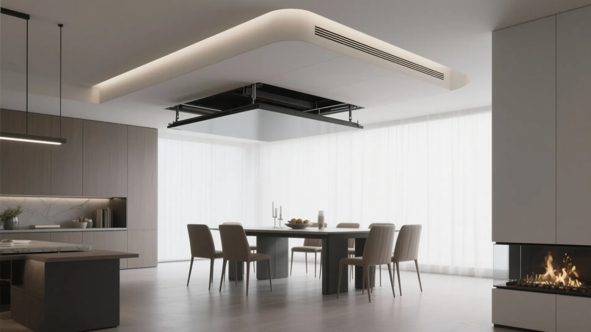 Dining space with TV lowered from ceiling bulkhead