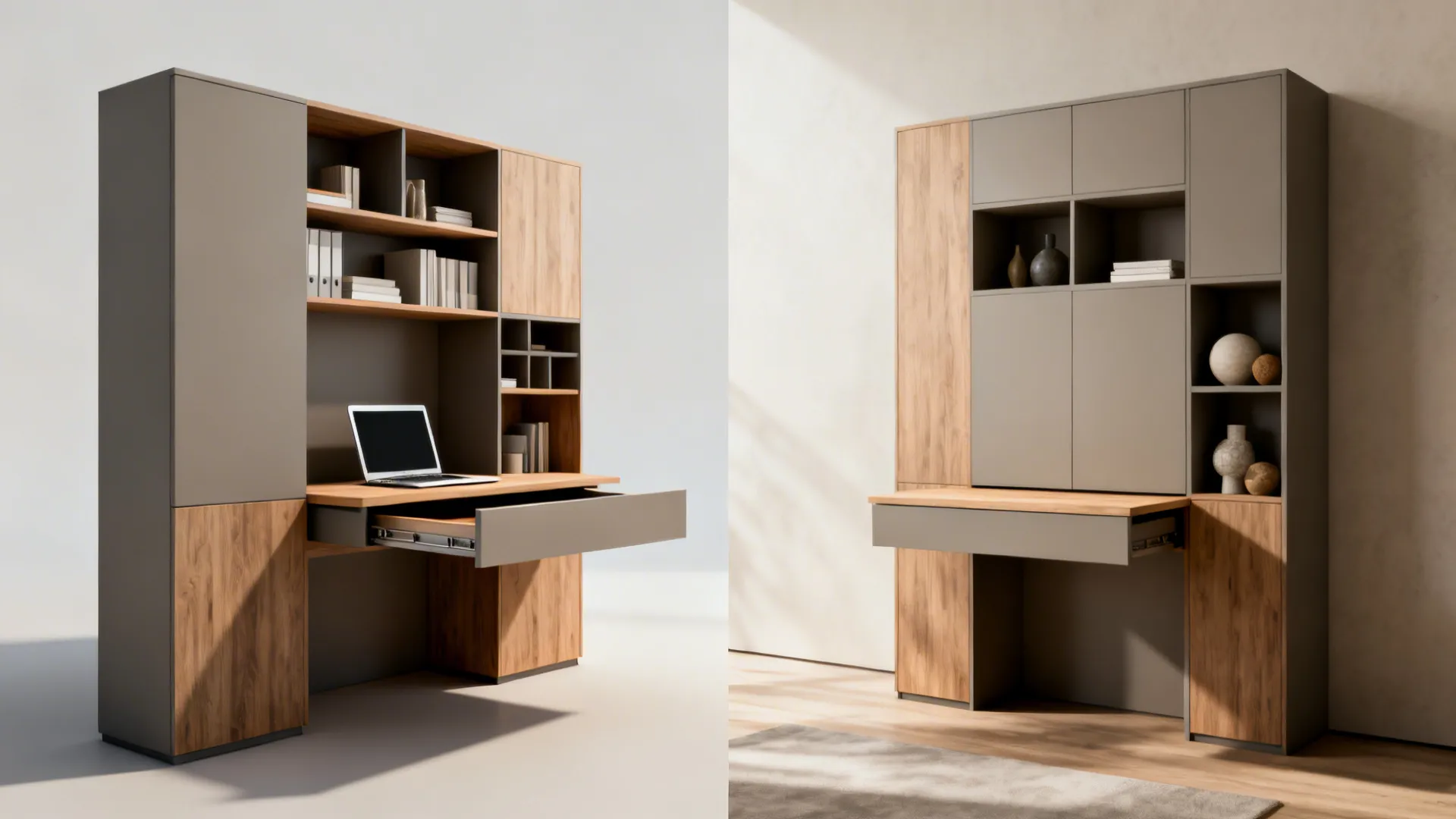 Convertible tall shelving with a drop-front desk shown open as a workstation and closed as tidy storage.